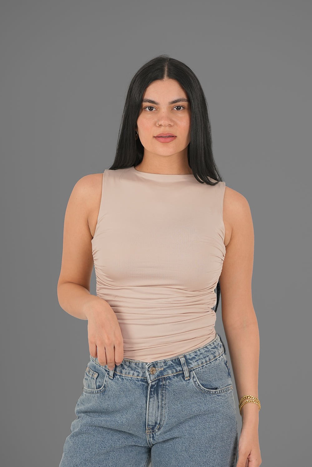 Women’s Beige Draped Crewneck Sleeveless Top – Lightweight Soft Stretch Basic, Made in Egypt