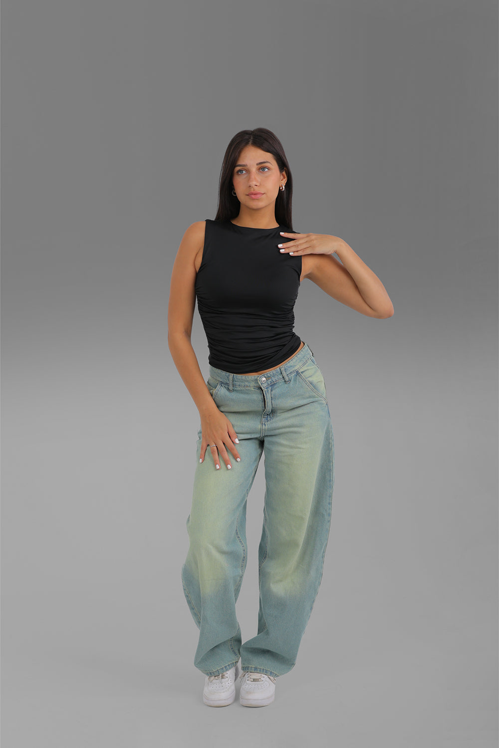 Women’s Black Draped Crewneck Sleeveless Top – Lightweight Soft Stretch Basic, Made in Egypt