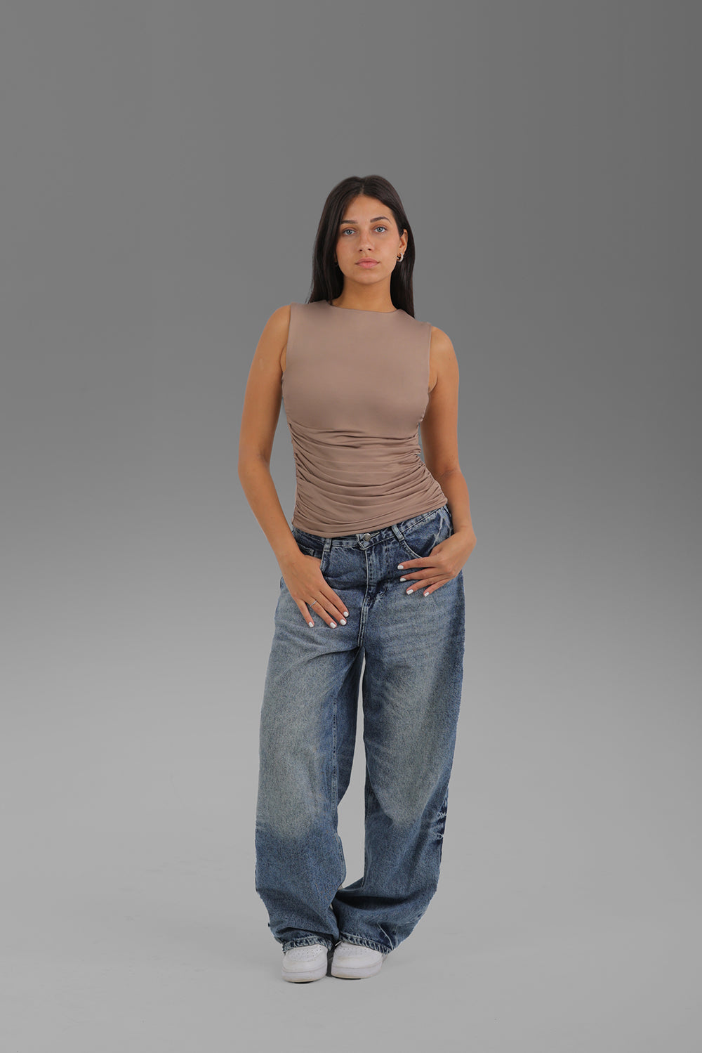 Women’s Café Draped Crewneck Sleeveless Top – Lightweight Soft Stretch Basic, Made in Egypt