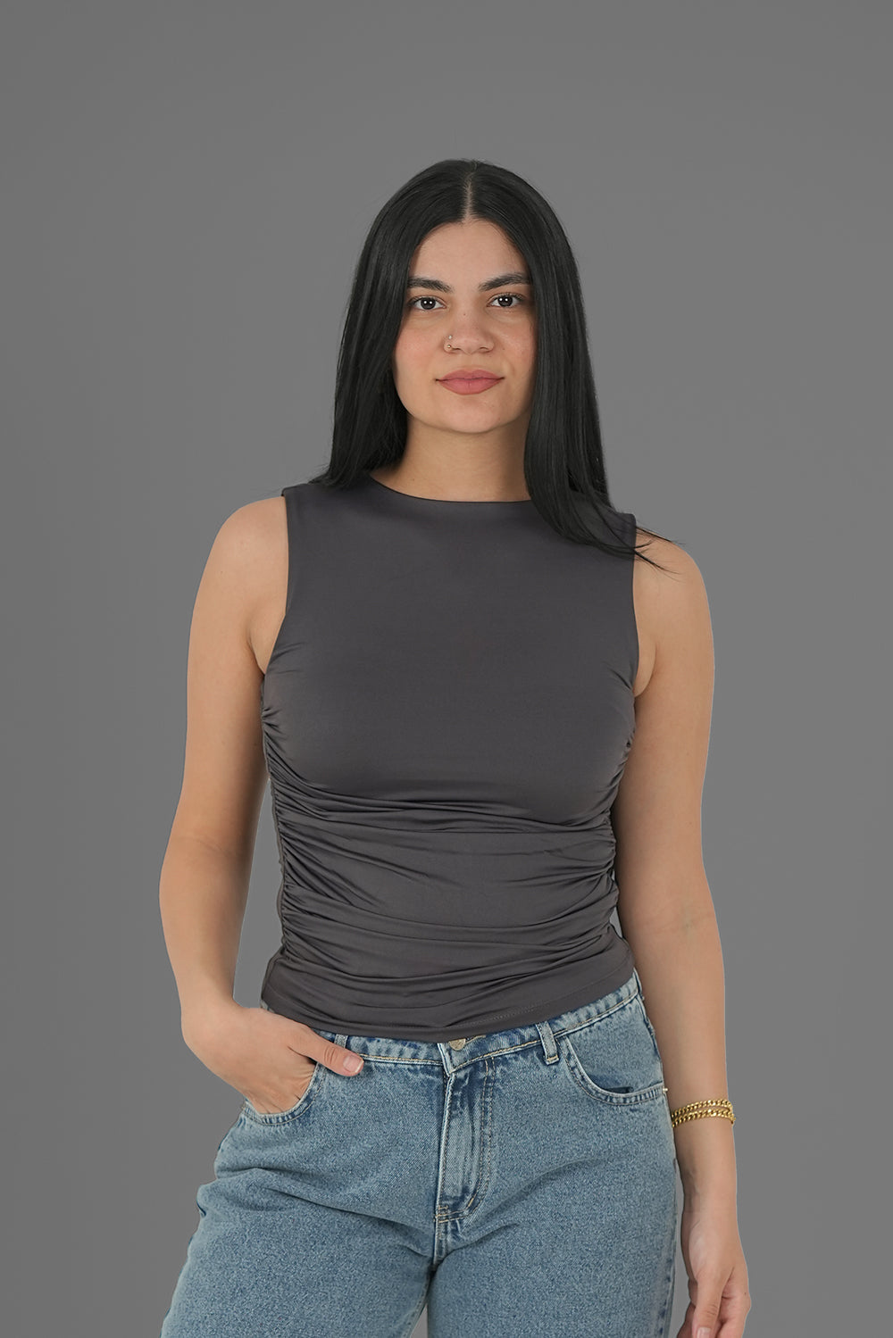 Women’s Charcoal Draped Crewneck Sleeveless Top – Lightweight Soft Stretch Basic, Made in Egypt