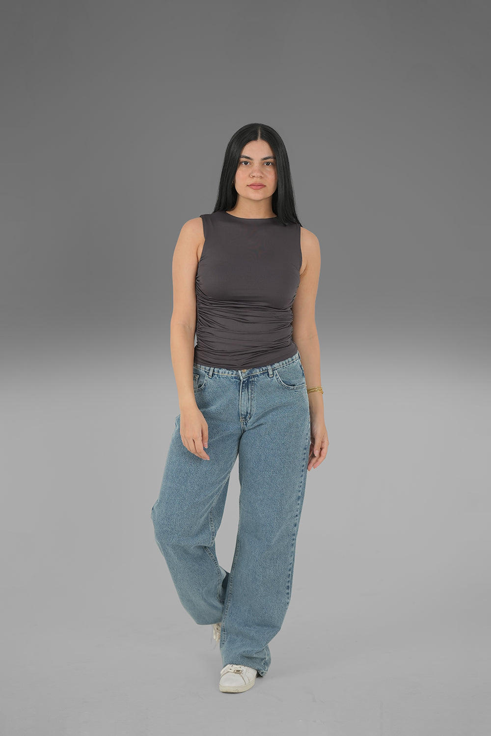Women’s Charcoal Draped Crewneck Sleeveless Top – Lightweight Soft Stretch Basic, Made in Egypt