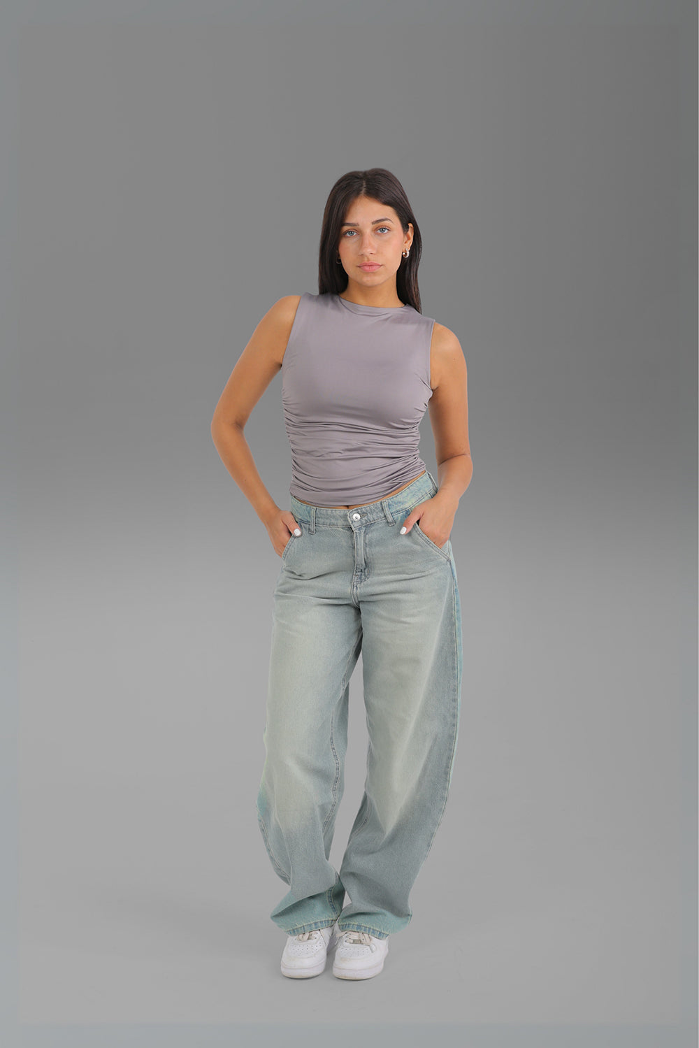 Women’s Grey Draped Crewneck Sleeveless Top – Lightweight Soft Stretch Basic, Made in Egypt