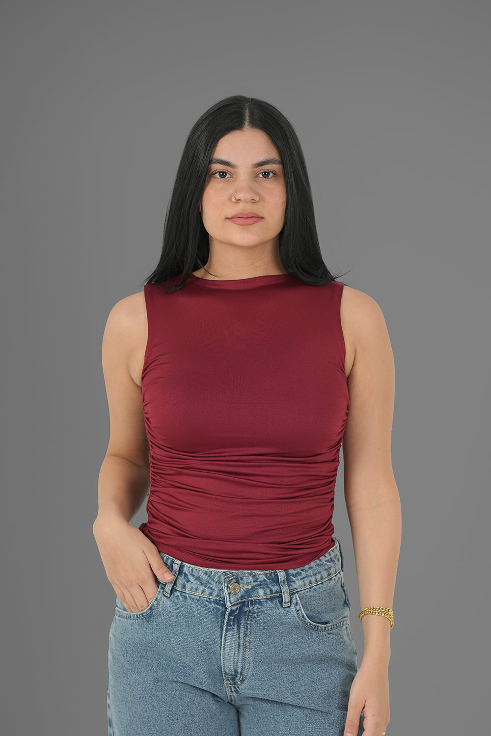 Women’s Maroon Draped Crewneck Sleeveless Top – Lightweight Soft Stretch Basic, Made in Egypt