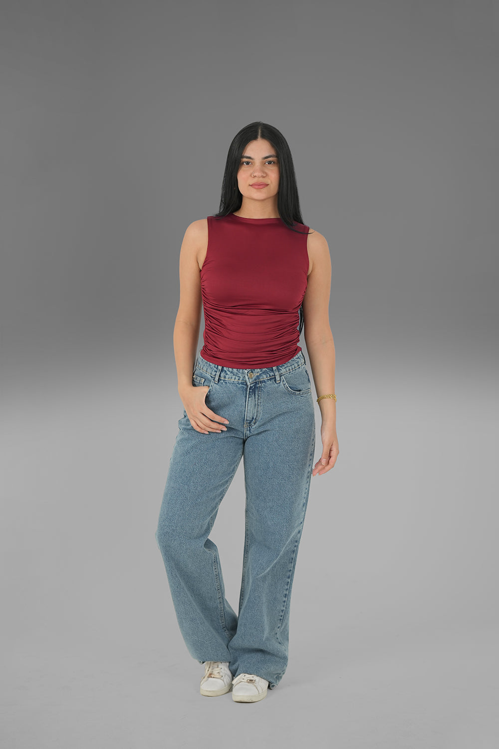 Women’s Maroon Draped Crewneck Sleeveless Top – Lightweight Soft Stretch Basic, Made in Egypt