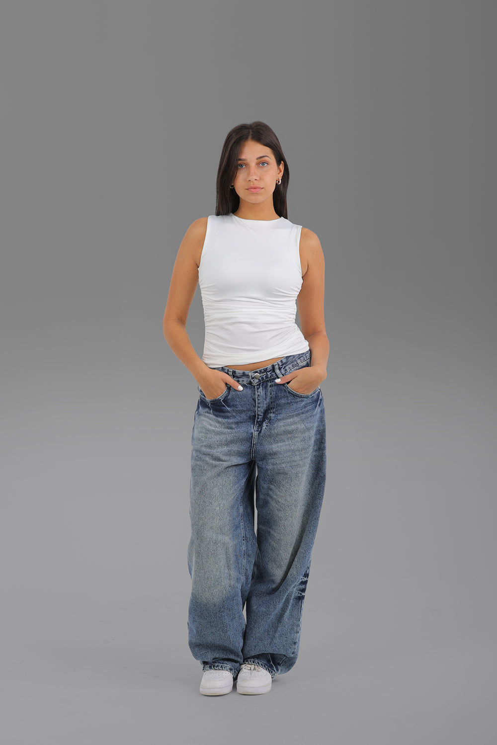 Women’s Off-White Draped Crewneck Sleeveless Top – Lightweight Soft Stretch Basic, Made in Egypt