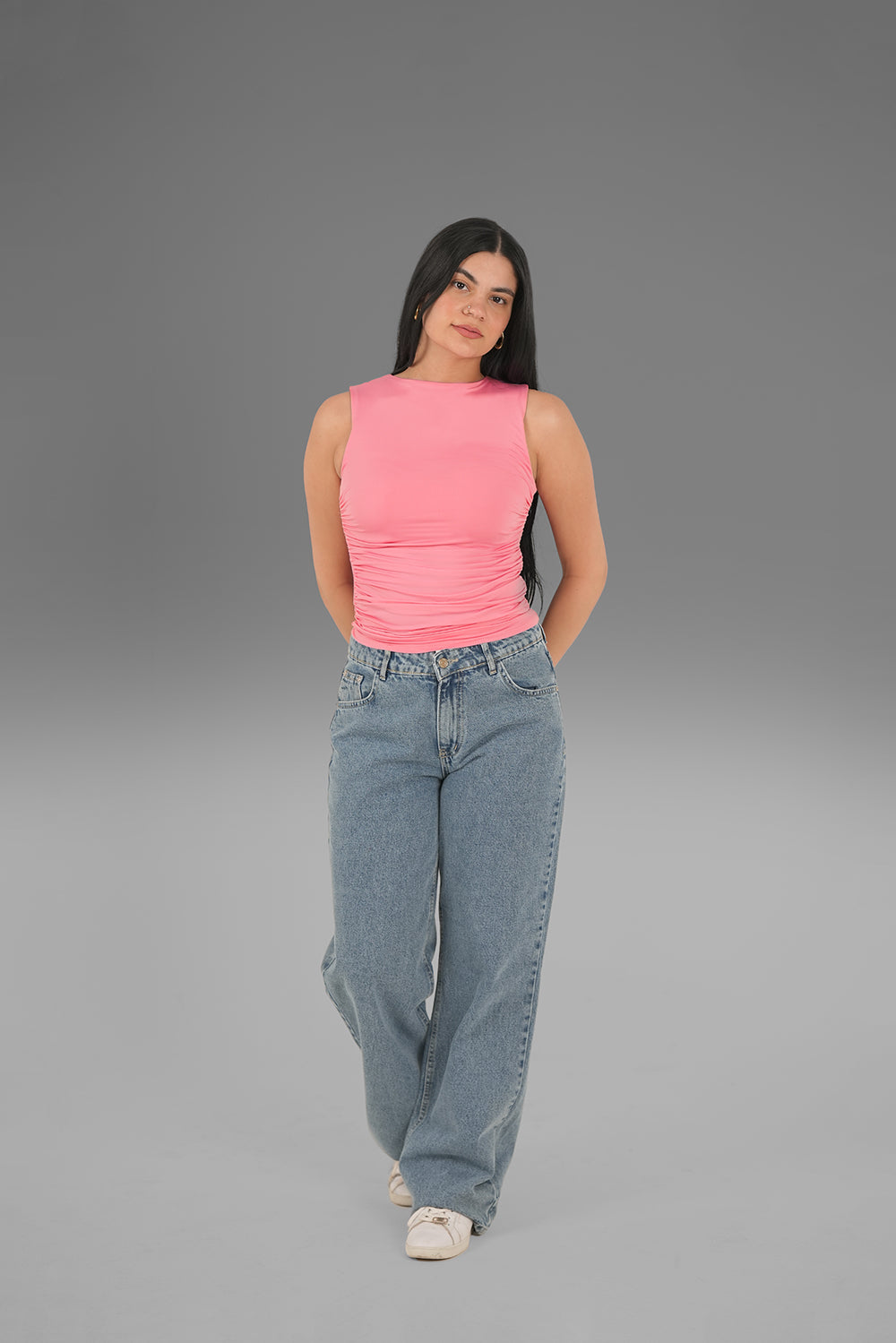 Women’s Pink Draped Crewneck Sleeveless Top – Lightweight Soft Stretch Basic, Made in Egypt