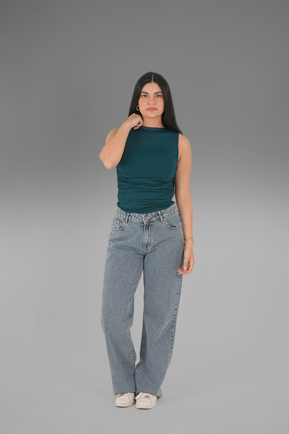Women’s Teal Draped Crewneck Sleeveless Top – Lightweight Soft Stretch Basic, Made in Egypt
