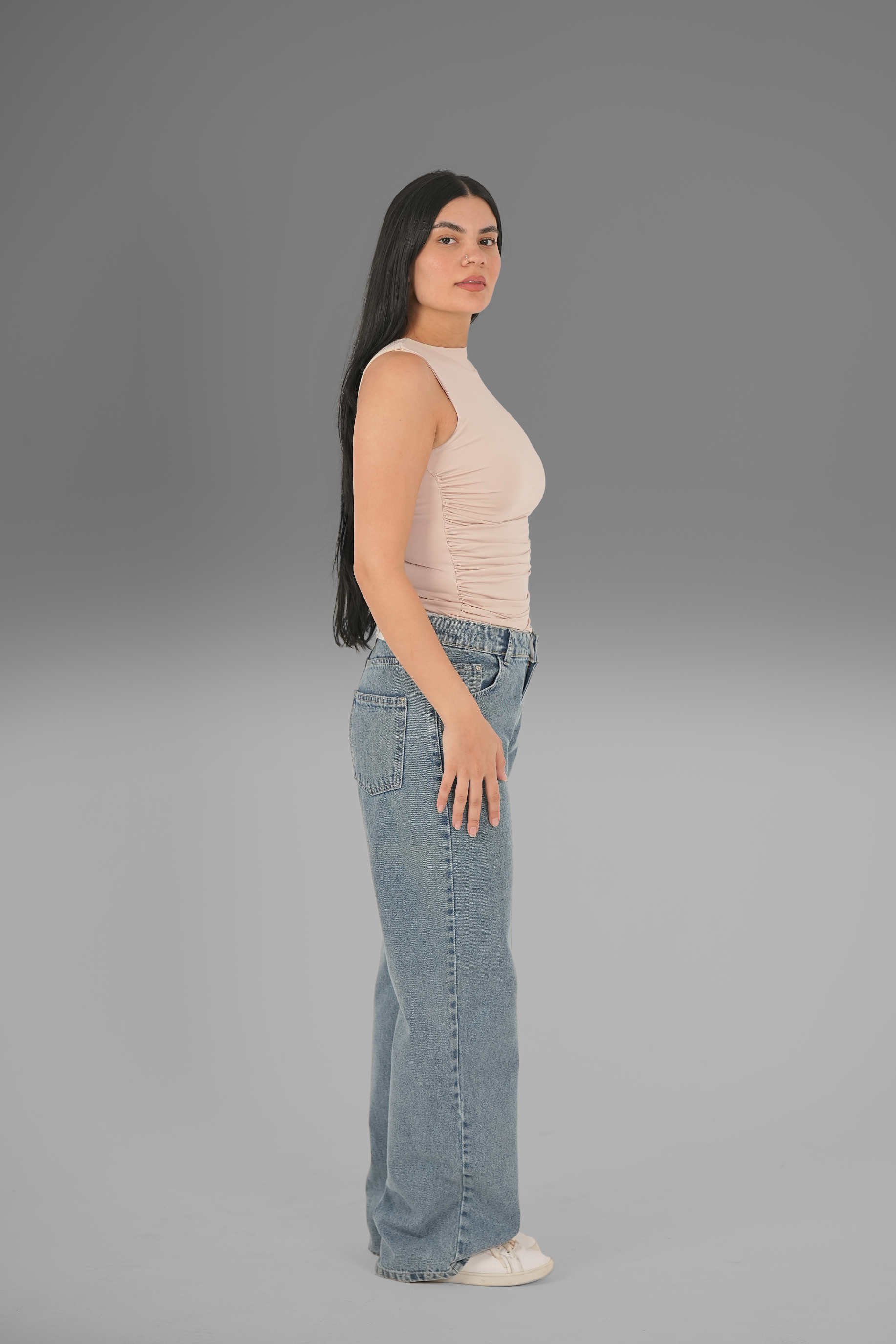 Women’s Beige Draped Crewneck Sleeveless Top – Lightweight Soft Stretch Basic, Made in Egypt