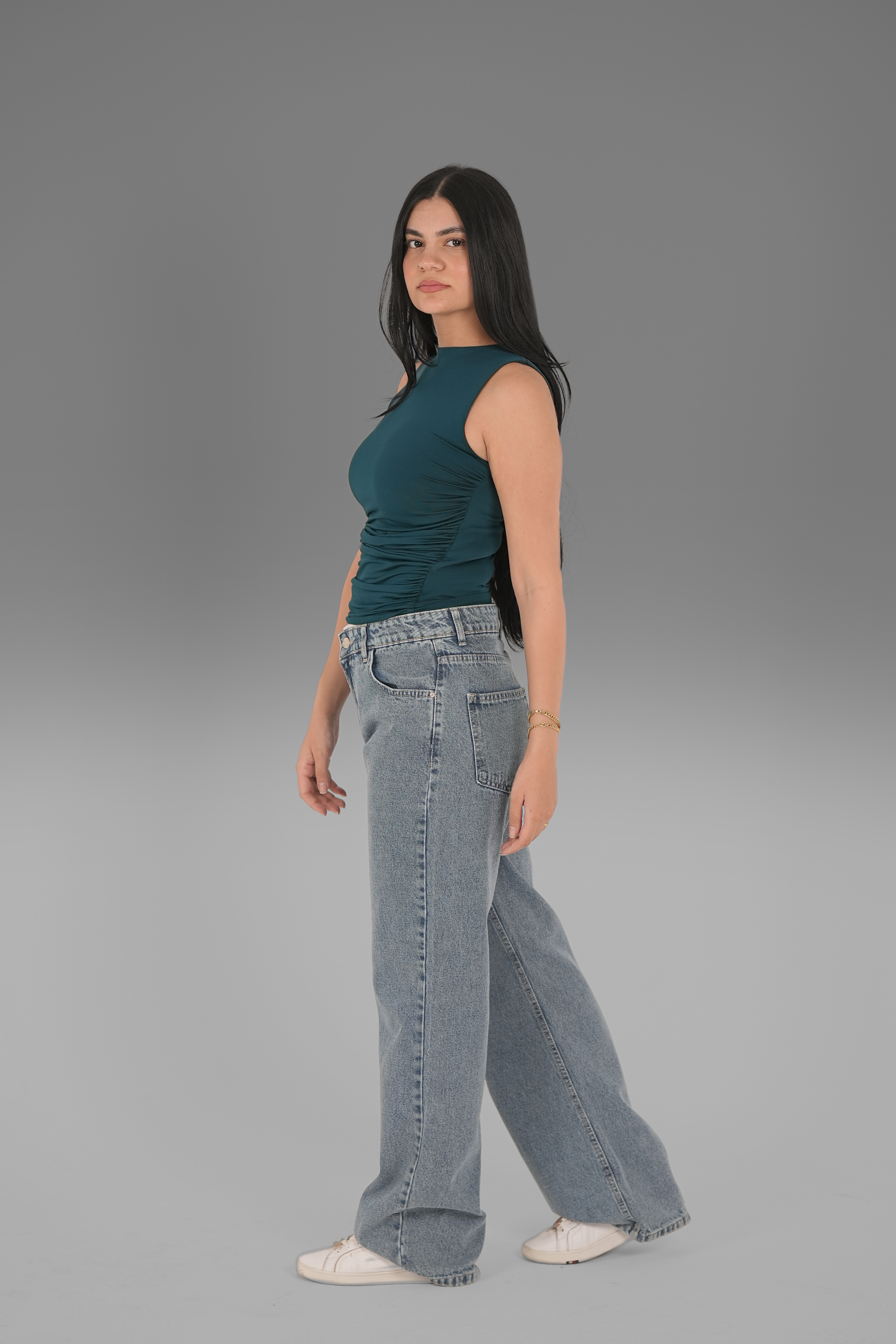 Women’s Teal Draped Crewneck Sleeveless Top – Lightweight Soft Stretch Basic, Made in Egypt