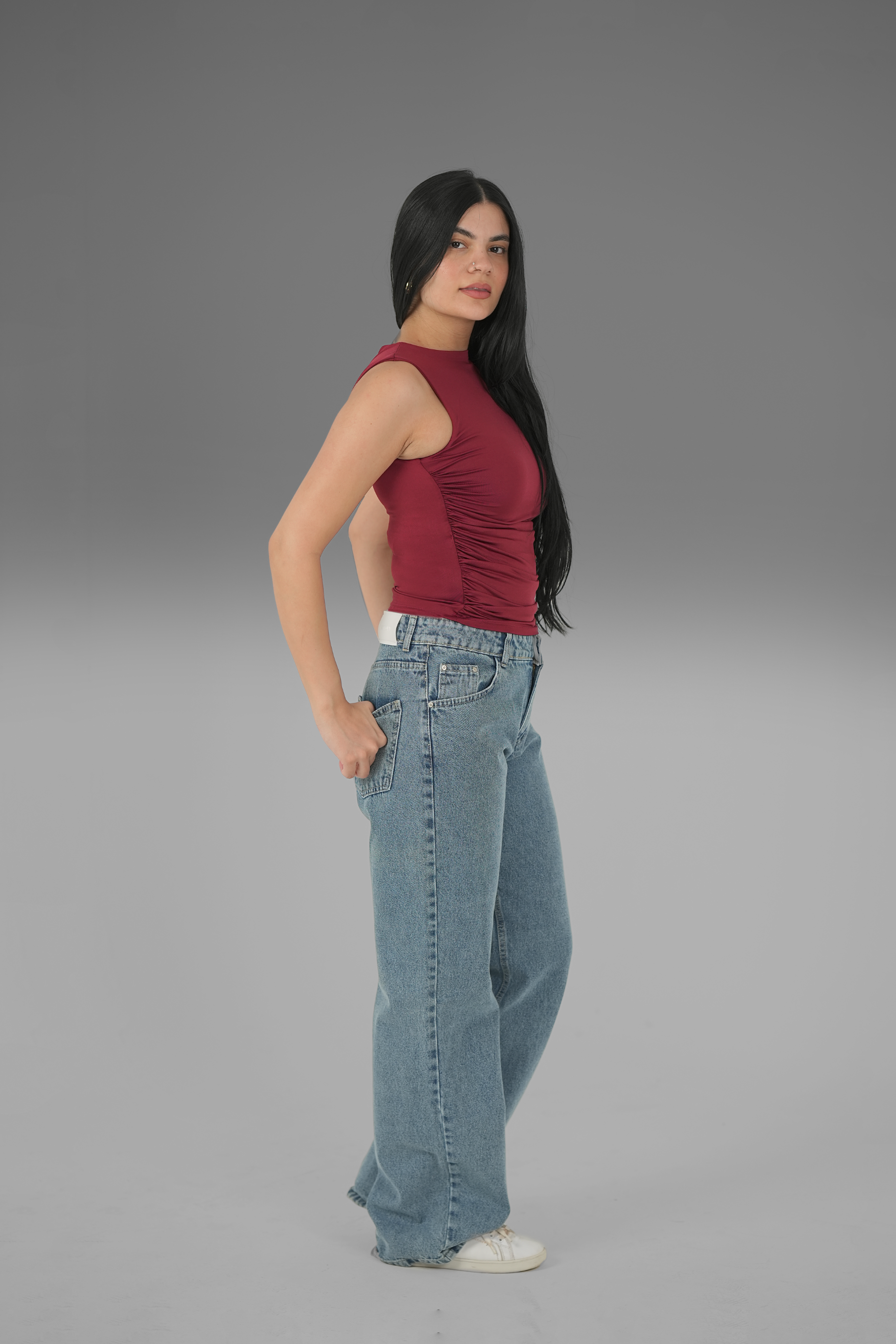 Women’s Maroon Draped Crewneck Sleeveless Top – Lightweight Soft Stretch Basic, Made in Egypt