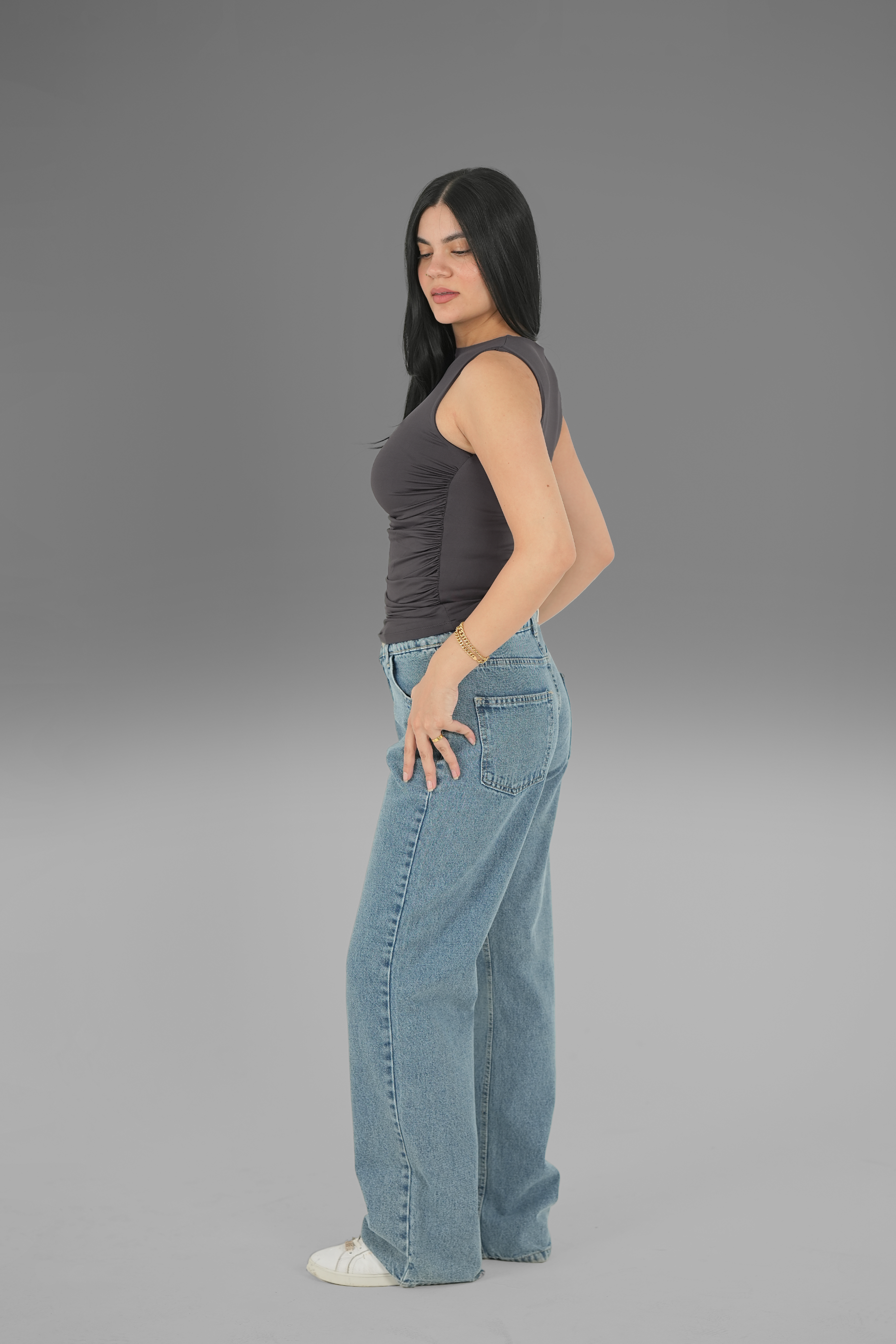 Women’s Charcoal Draped Crewneck Sleeveless Top – Lightweight Soft Stretch Basic, Made in Egypt