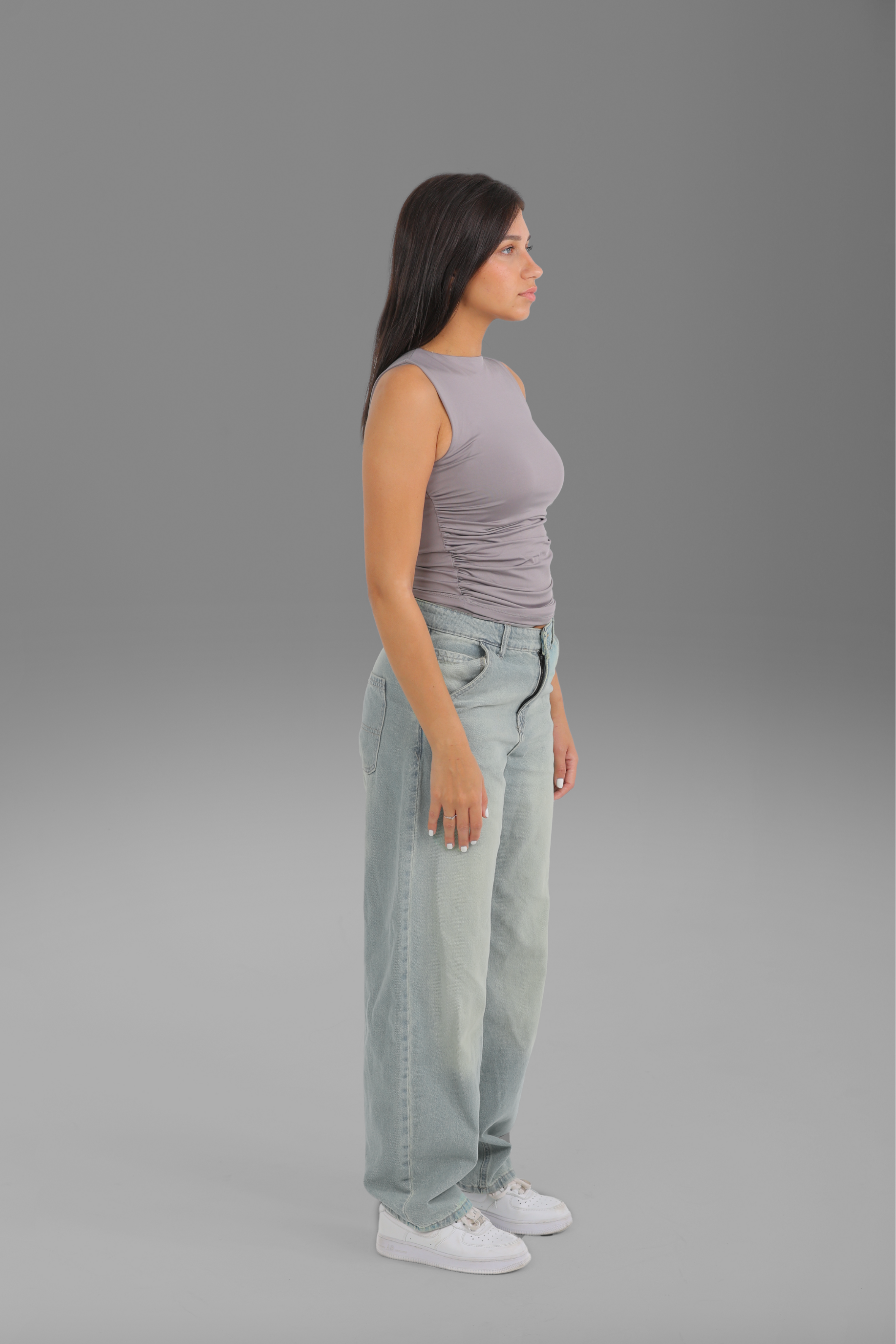 Women’s Grey Draped Crewneck Sleeveless Top – Lightweight Soft Stretch Basic, Made in Egypt