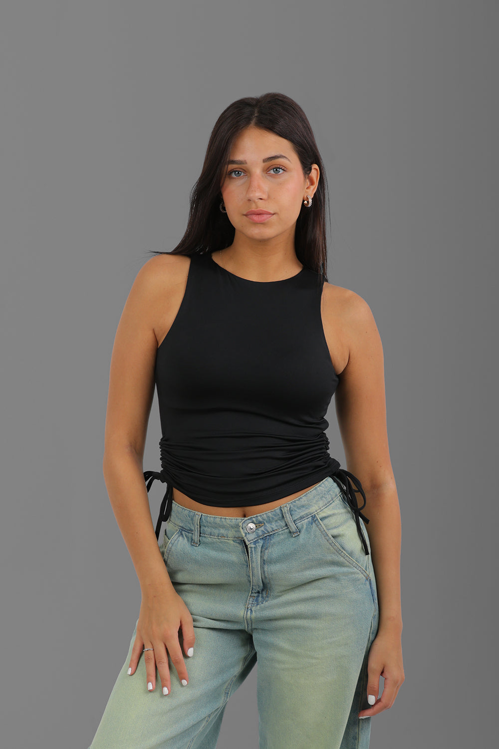 Women’s Black Gathered Tank Top with Side Ties – Lightweight Soft Stretch Basic, Made in Egypt