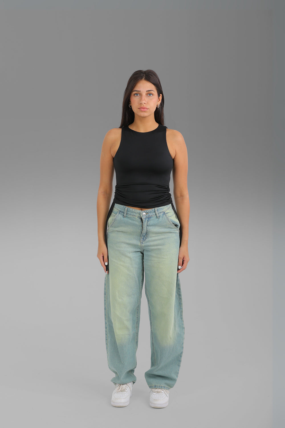 Women’s Black Gathered Tank Top with Side Ties – Lightweight Soft Stretch Basic, Made in Egypt