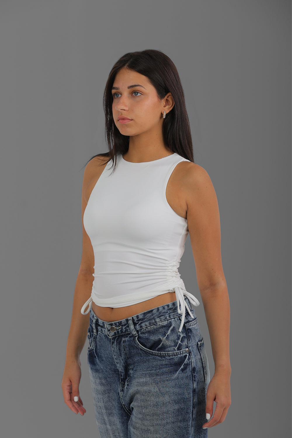 Women’s Off-White Gathered Tank Top with Side Ties – Lightweight Soft Stretch Basic, Made in Egypt