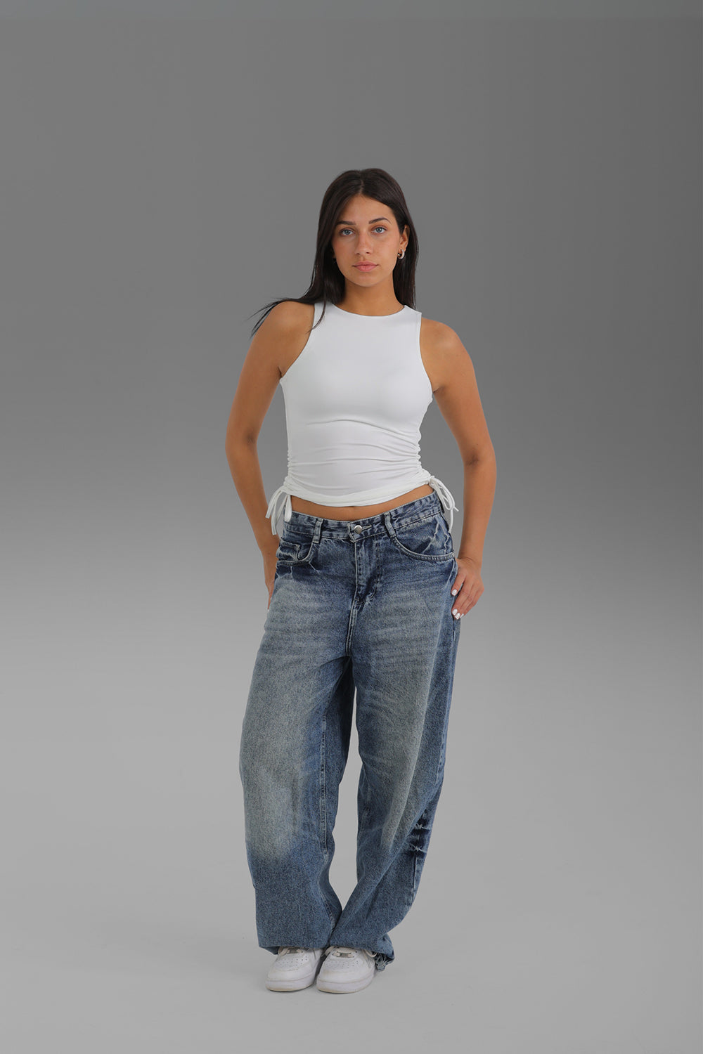 Women’s Off-White Gathered Tank Top with Side Ties – Lightweight Soft Stretch Basic, Made in Egypt