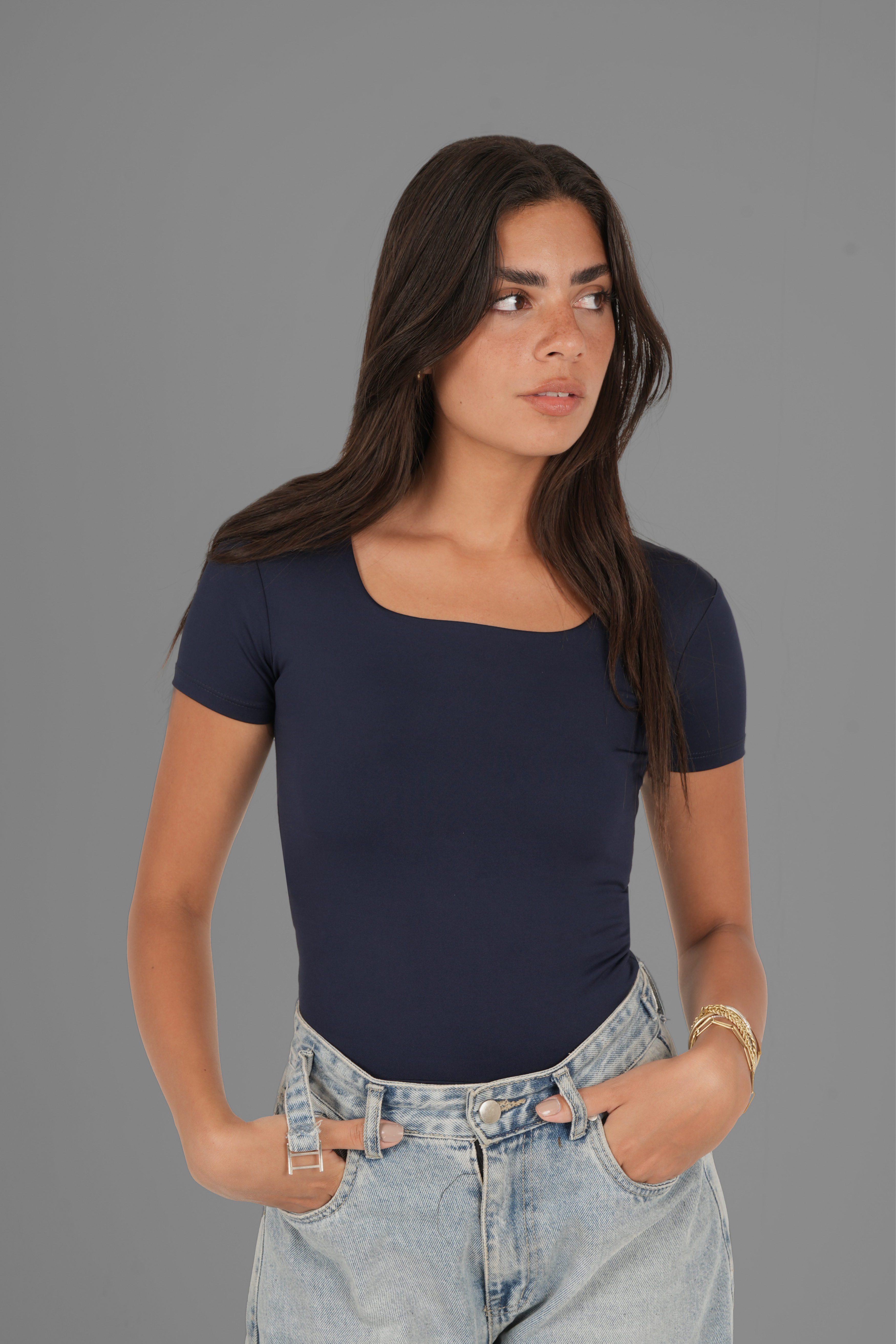Square-Neck Short Sleeve Top - Navy Blue