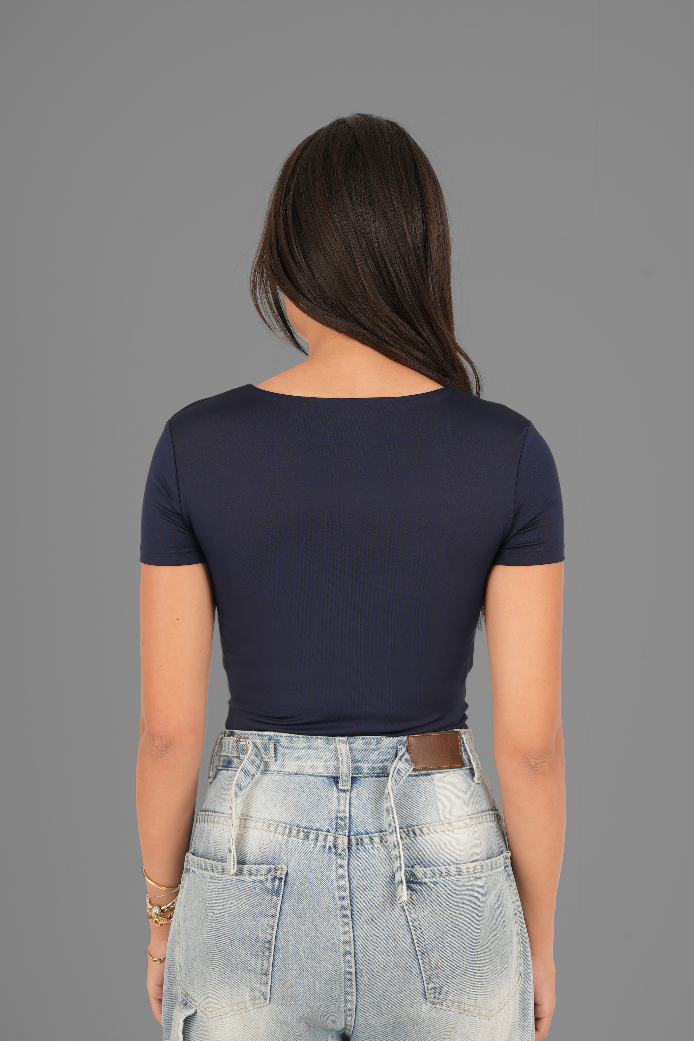 Square-Neck Short Sleeve Top - Navy Blue