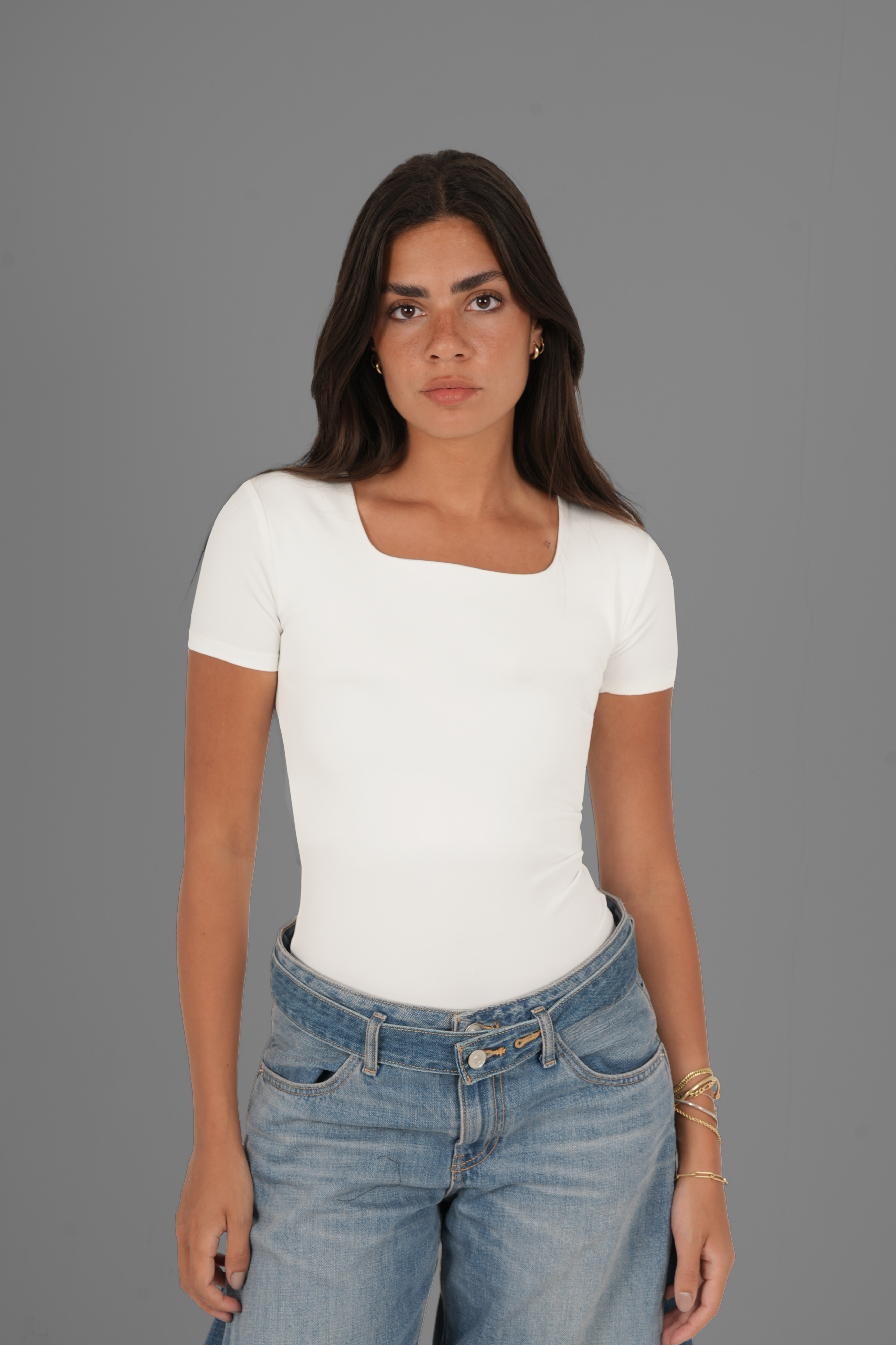Square-Neck Short Sleeve Top - Off-White