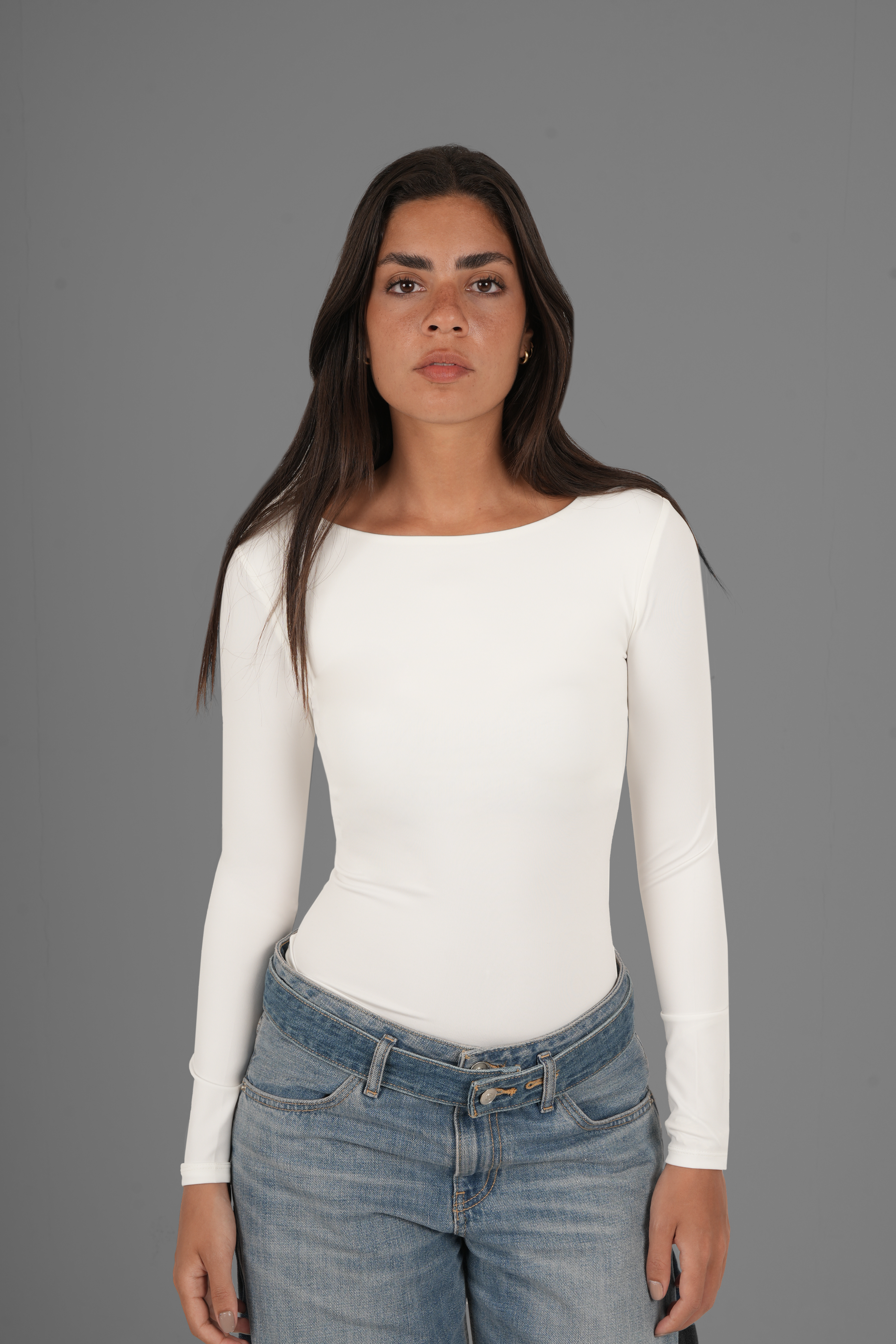 Wide Round-Neck Long Sleeve Top - Off-White