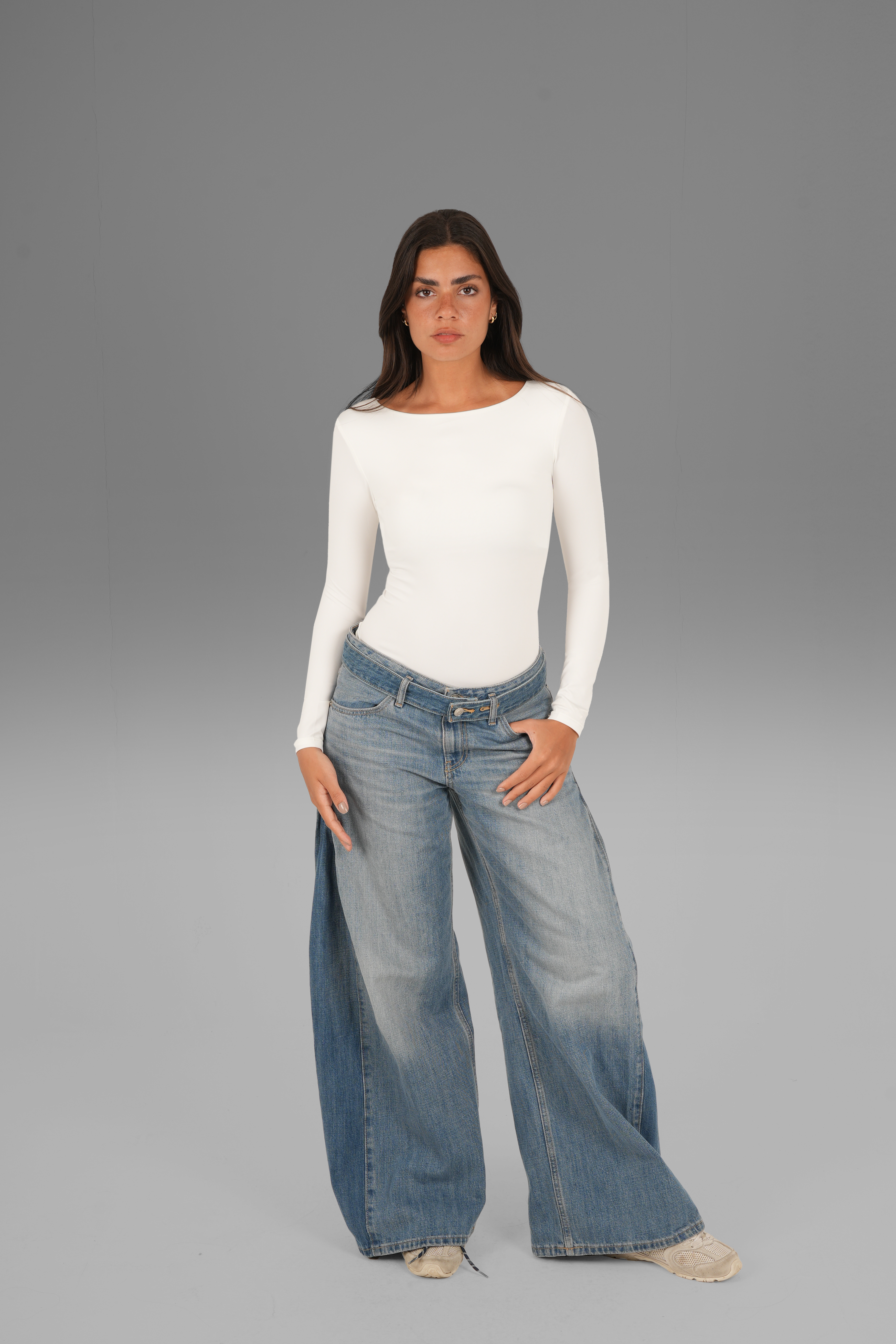 Wide Round-Neck Long Sleeve Top - Off-White