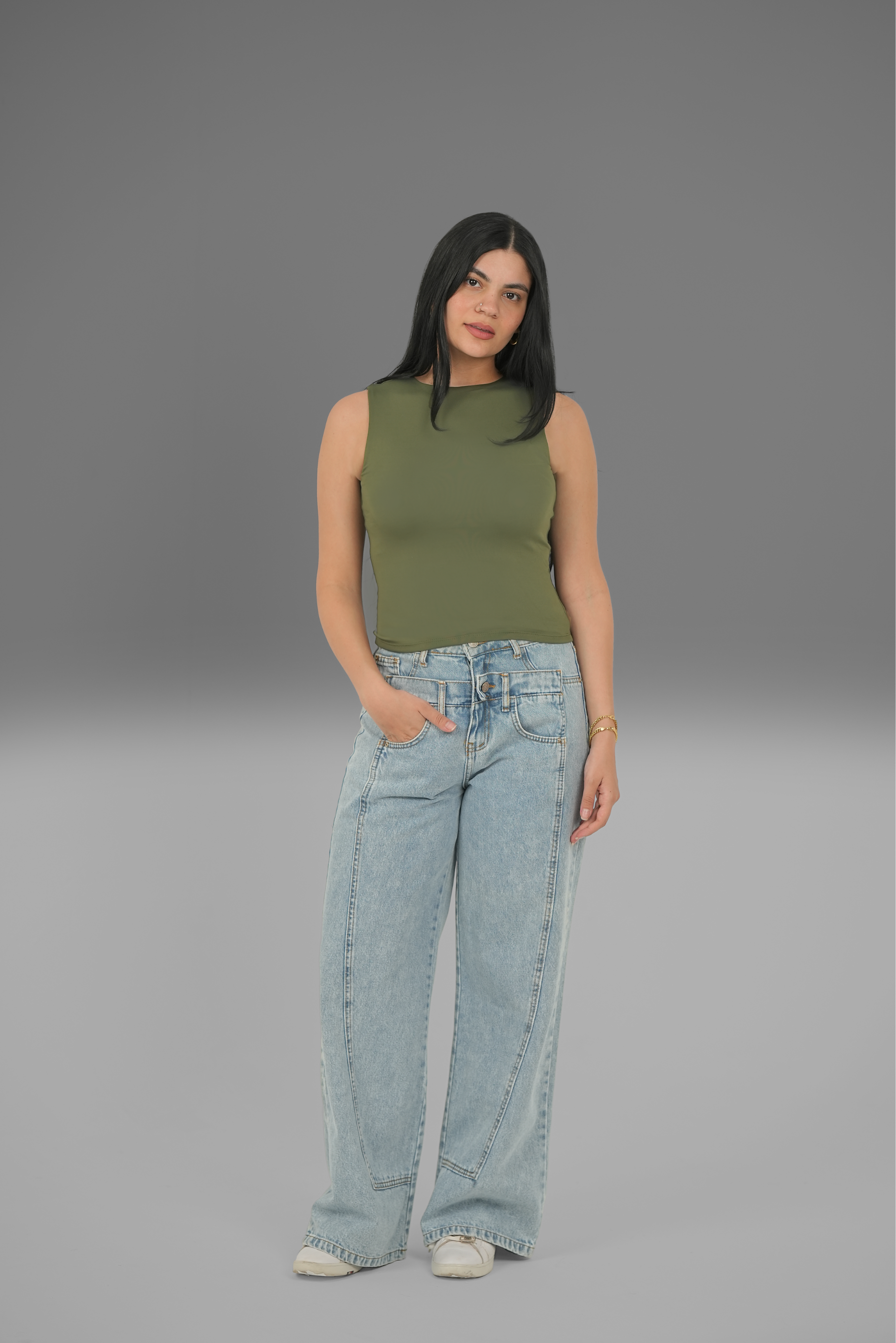 Women’s Olive Classic Crewneck Tank Top  – Lightweight Soft Stretch Basic, Made in Egypt