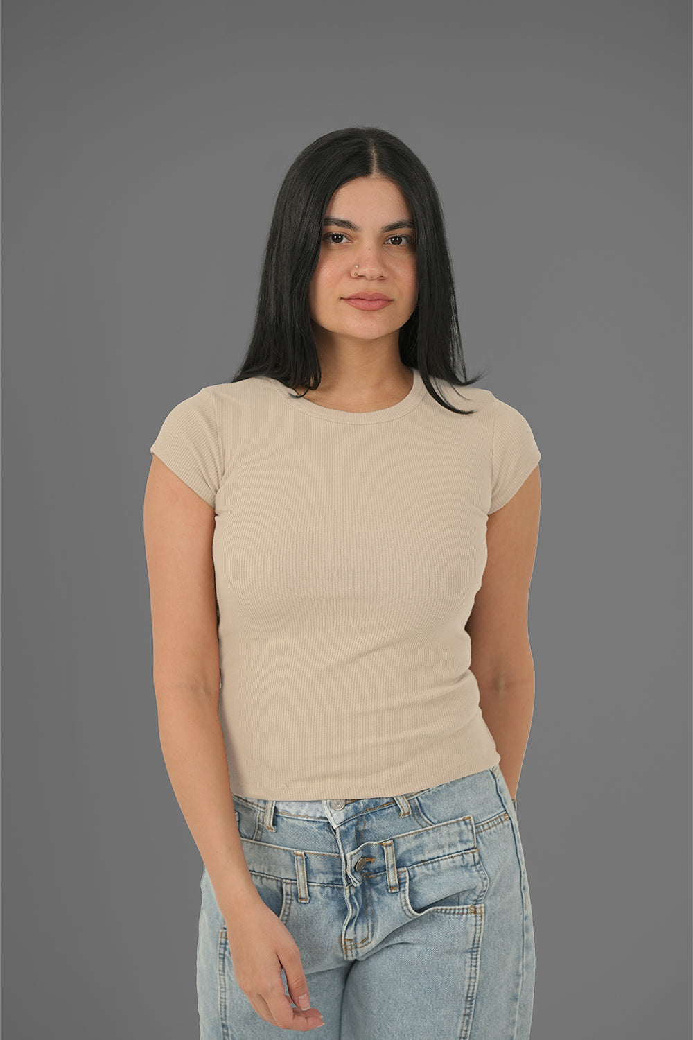 Women’s Beige Ribbed Round-Neck Cap Sleeve Top – Lightweight Soft Stretch Basic, Made in Egypt