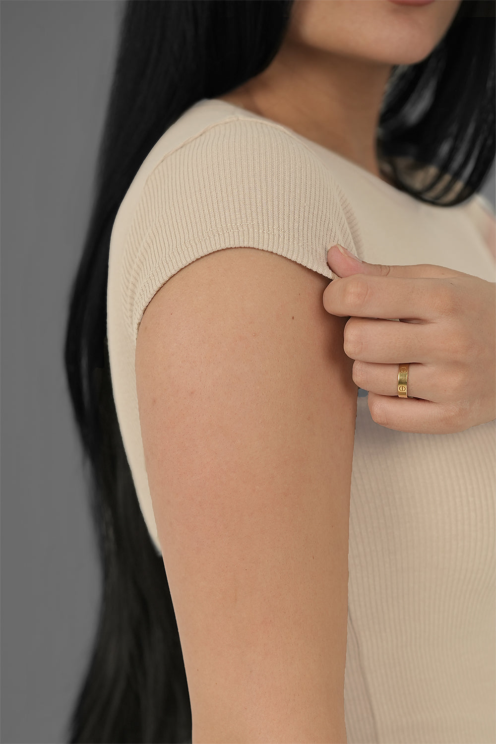 Women’s Beige Ribbed Round-Neck Cap Sleeve Top – Lightweight Soft Stretch Basic, Made in Egypt