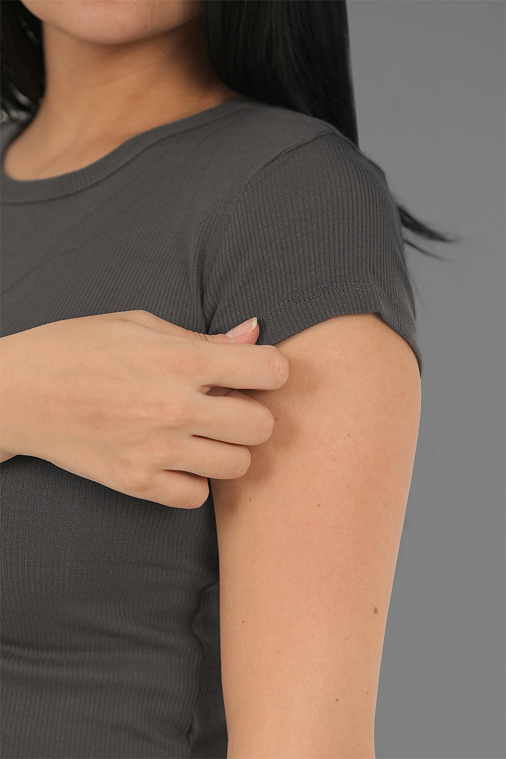 Women’s Charcoal Ribbed Round-Neck Cap Sleeve Top – Lightweight Soft Stretch Basic, Made in Egypt