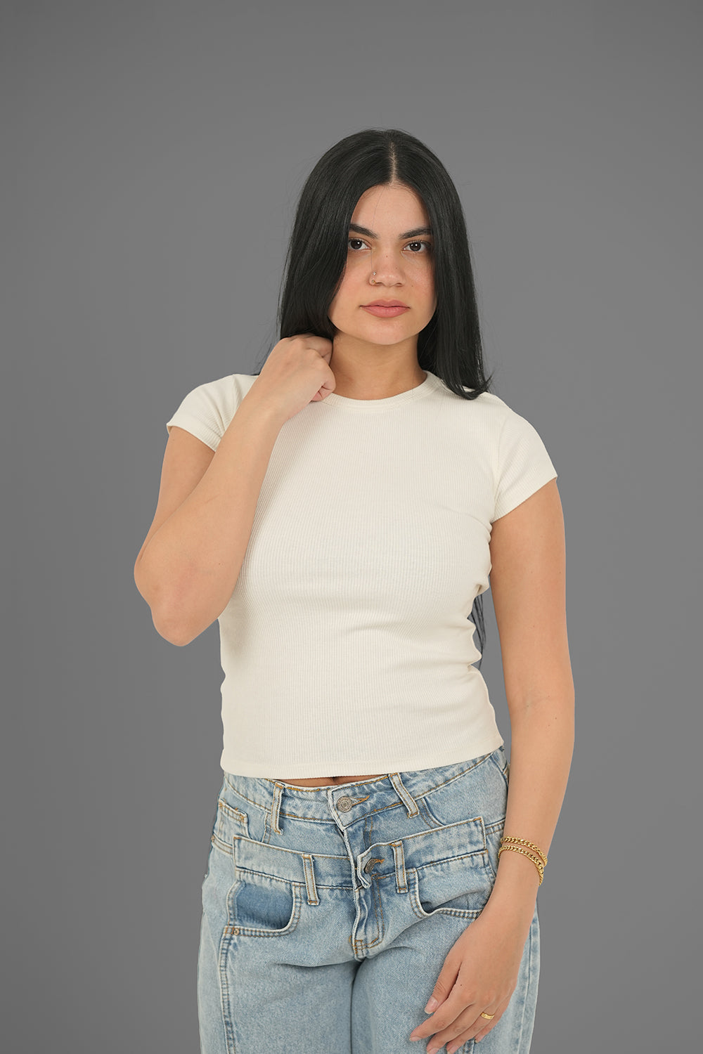 Women’s Off-White Ribbed Round-Neck Cap Sleeve Top – Lightweight Soft Stretch Basic, Made in Egypt