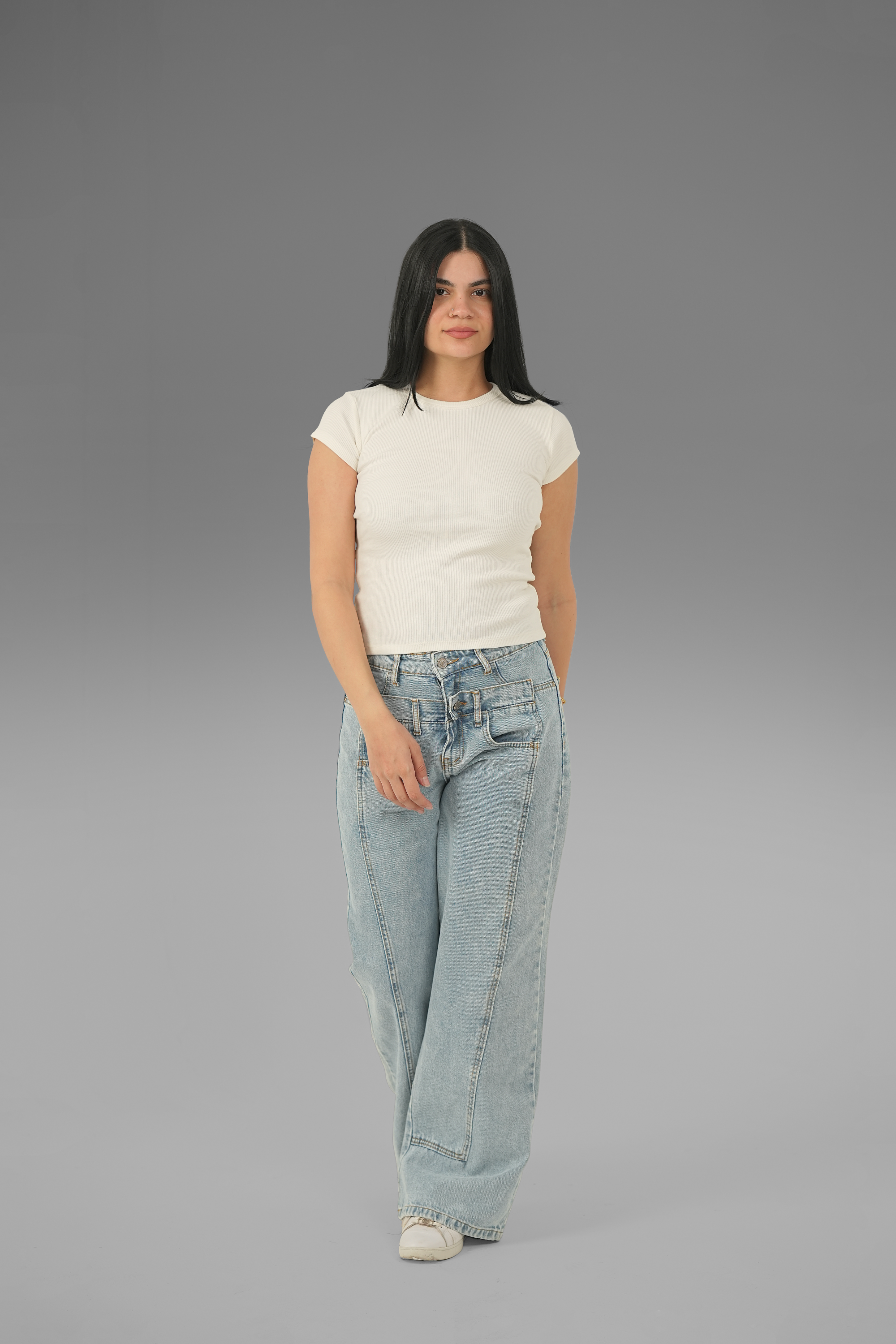 Women’s Off-White Ribbed Round-Neck Cap Sleeve Top – Lightweight Soft Stretch Basic, Made in Egypt