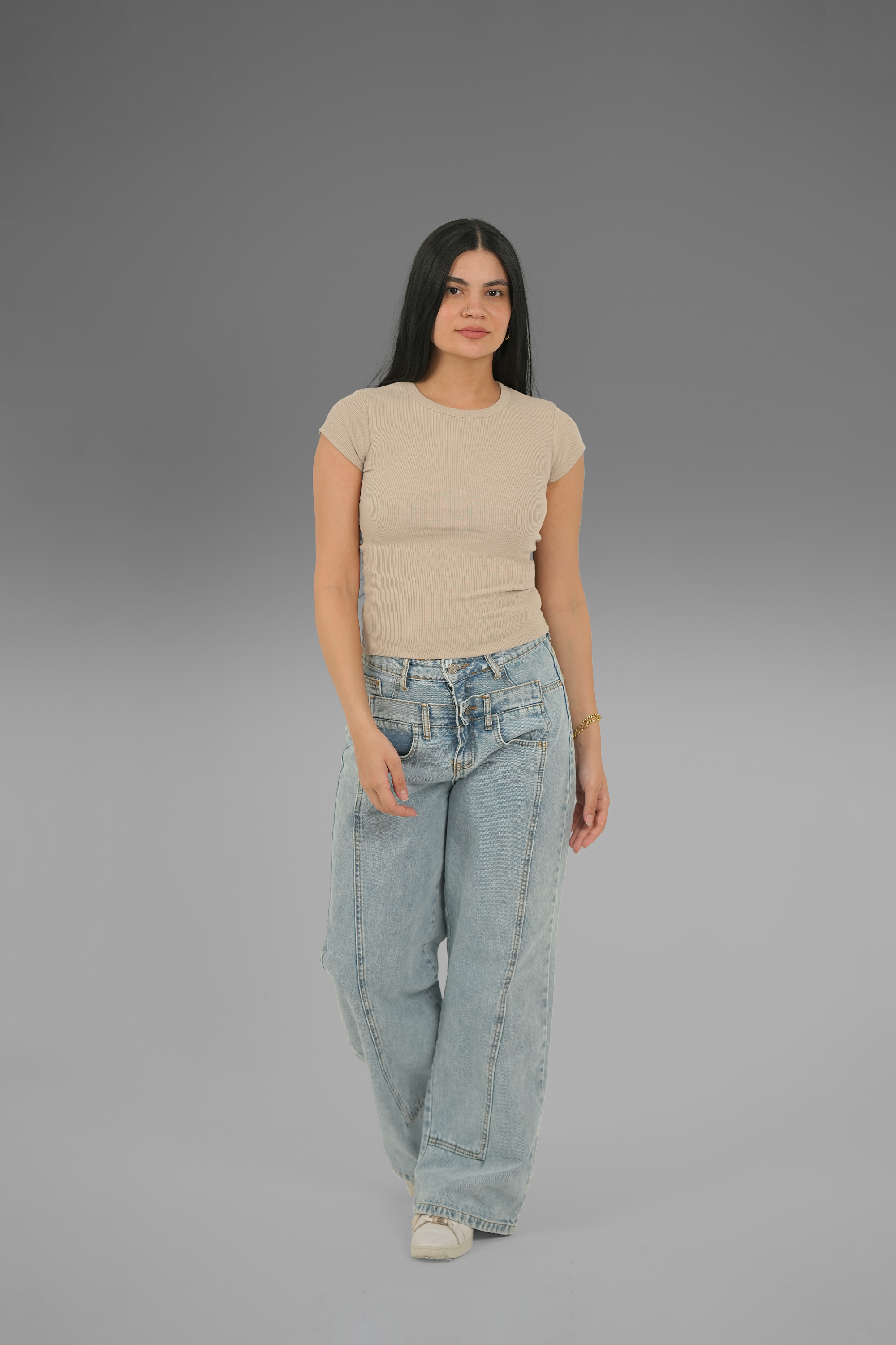 Women’s Beige Ribbed Round-Neck Cap Sleeve Top – Lightweight Soft Stretch Basic, Made in Egypt