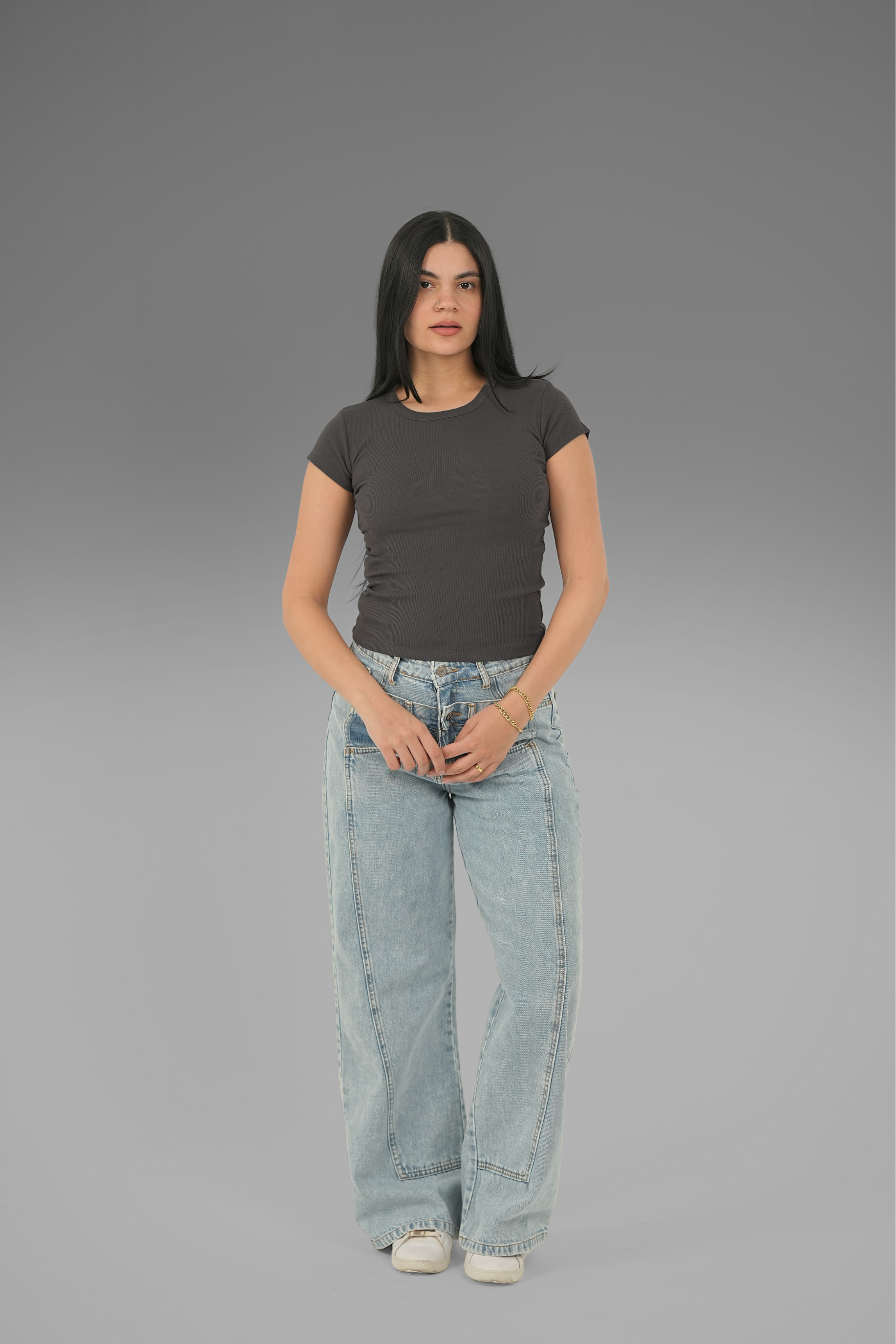 Women’s Charcoal Ribbed Round-Neck Cap Sleeve Top – Lightweight Soft Stretch Basic, Made in Egypt