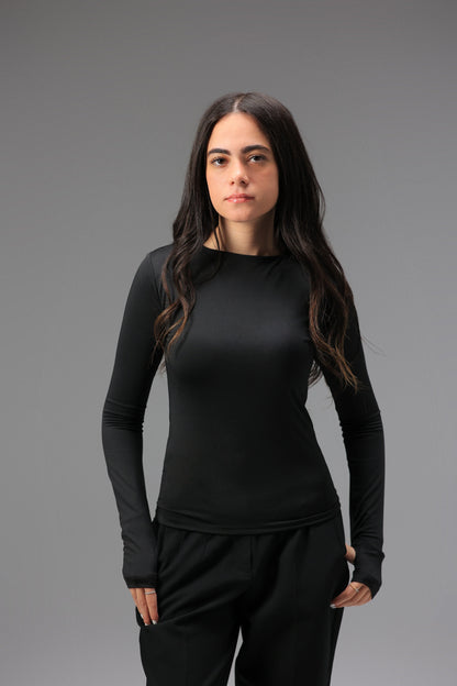 Black Long Sleeve Top with Finger Hole