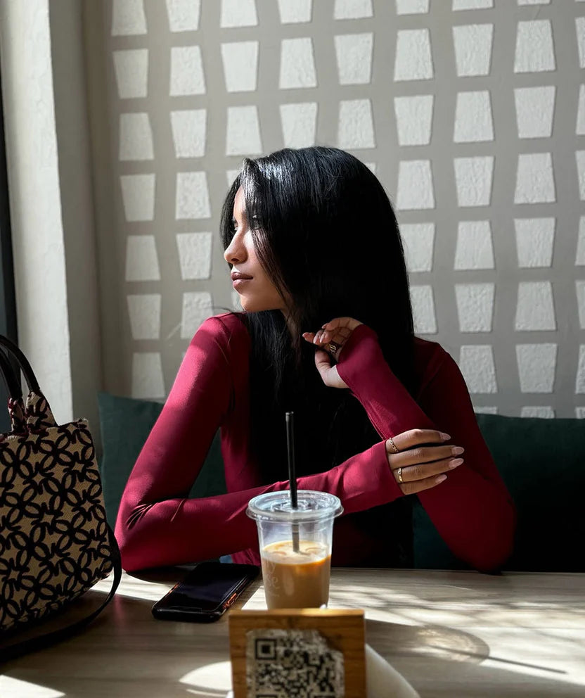 Women’s Maroon Crewneck Long Sleeve Top with Thumbhole – Lightweight Soft Stretch Basic, Made in Egypt