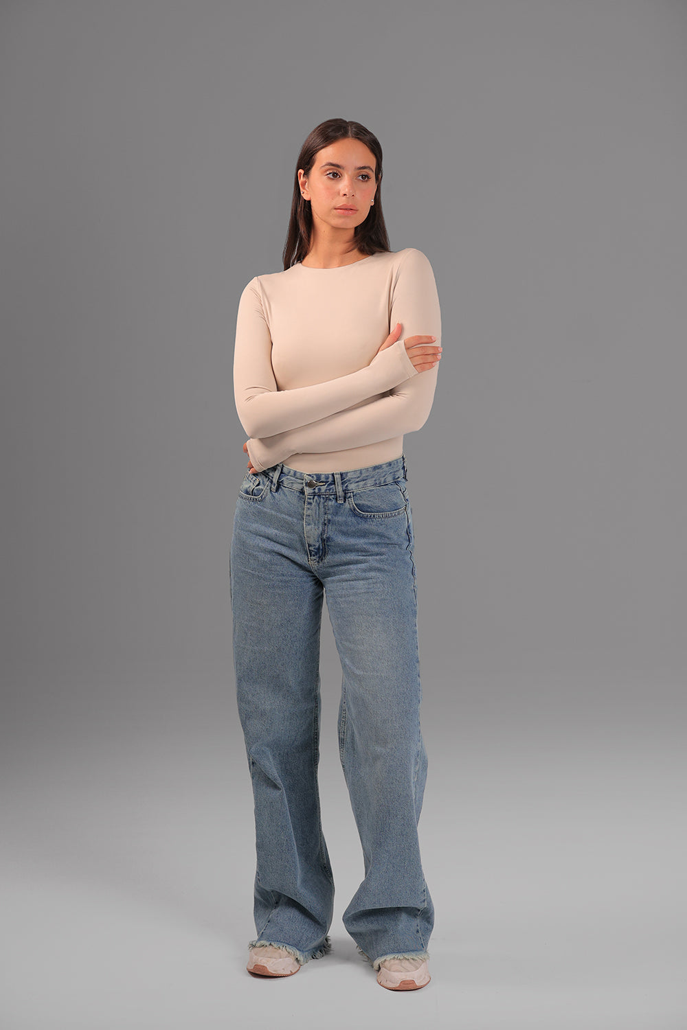 Women’s Beige Crewneck Long Sleeve Top with Thumbhole – Lightweight Soft Stretch Basic, Made in Egypt