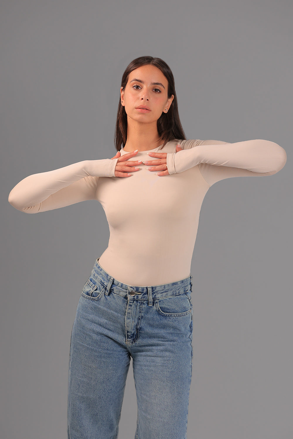 Women’s Beige Crewneck Long Sleeve Top with Thumbhole – Lightweight Soft Stretch Basic, Made in Egypt