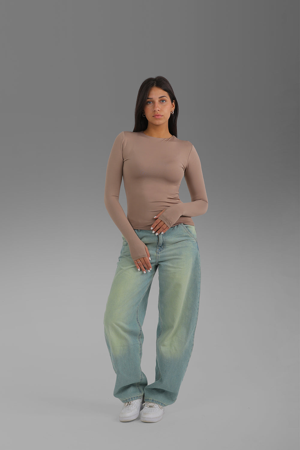 Women’s Cafe Crewneck Long Sleeve Top with Thumbhole – Lightweight Soft Stretch Basic, Made in Egypt