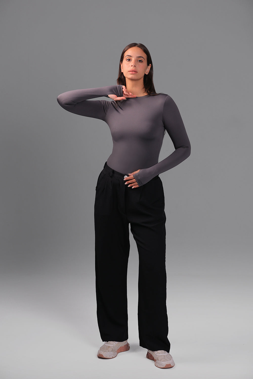 Women’s Charcoal Crewneck Long Sleeve Top with Thumbhole – Lightweight Soft Stretch Basic, Made in Egypt