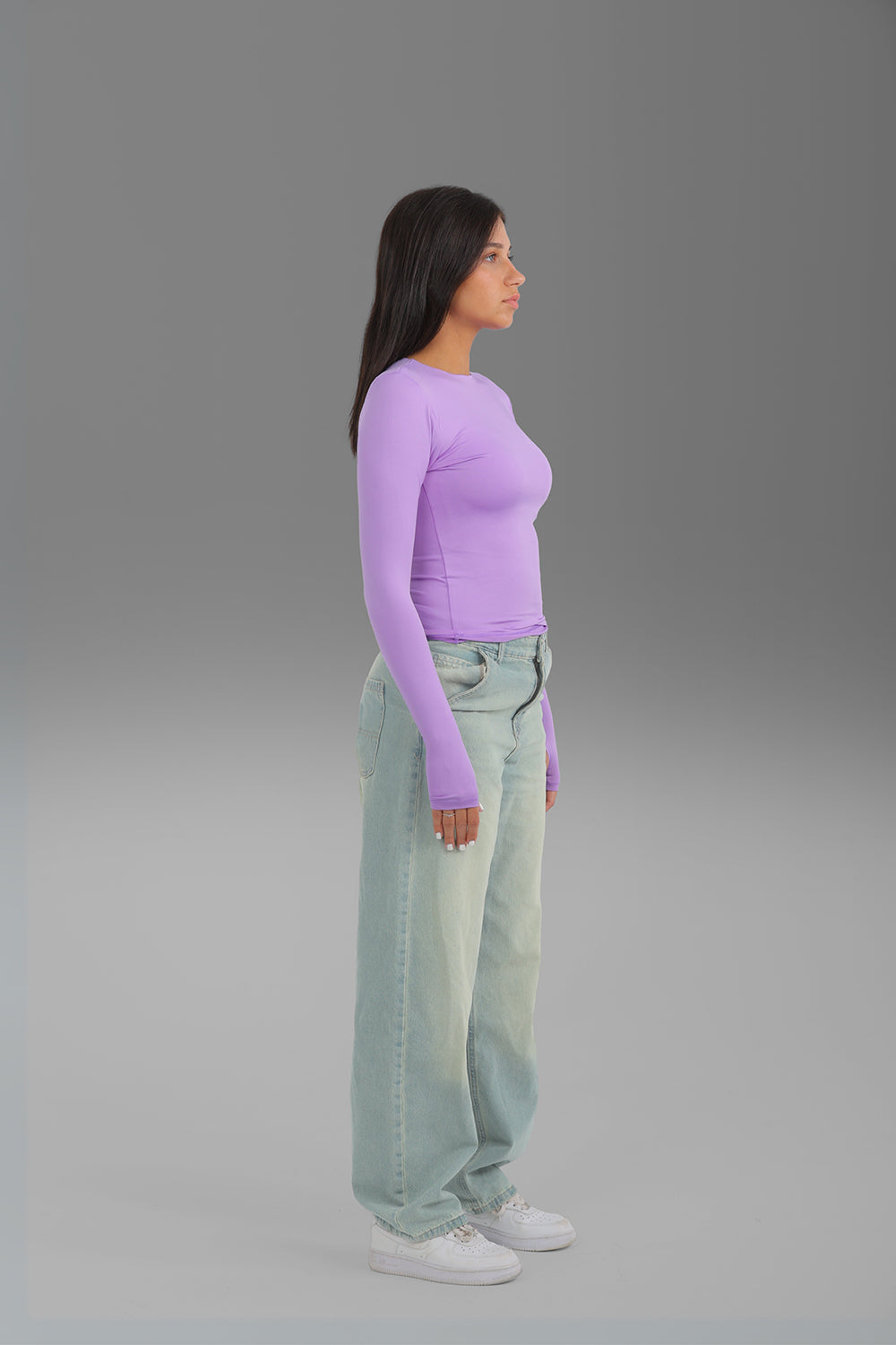 Women’s Lavender Crewneck Long Sleeve Top with Thumbhole – Lightweight Soft Stretch Basic, Made in Egypt
