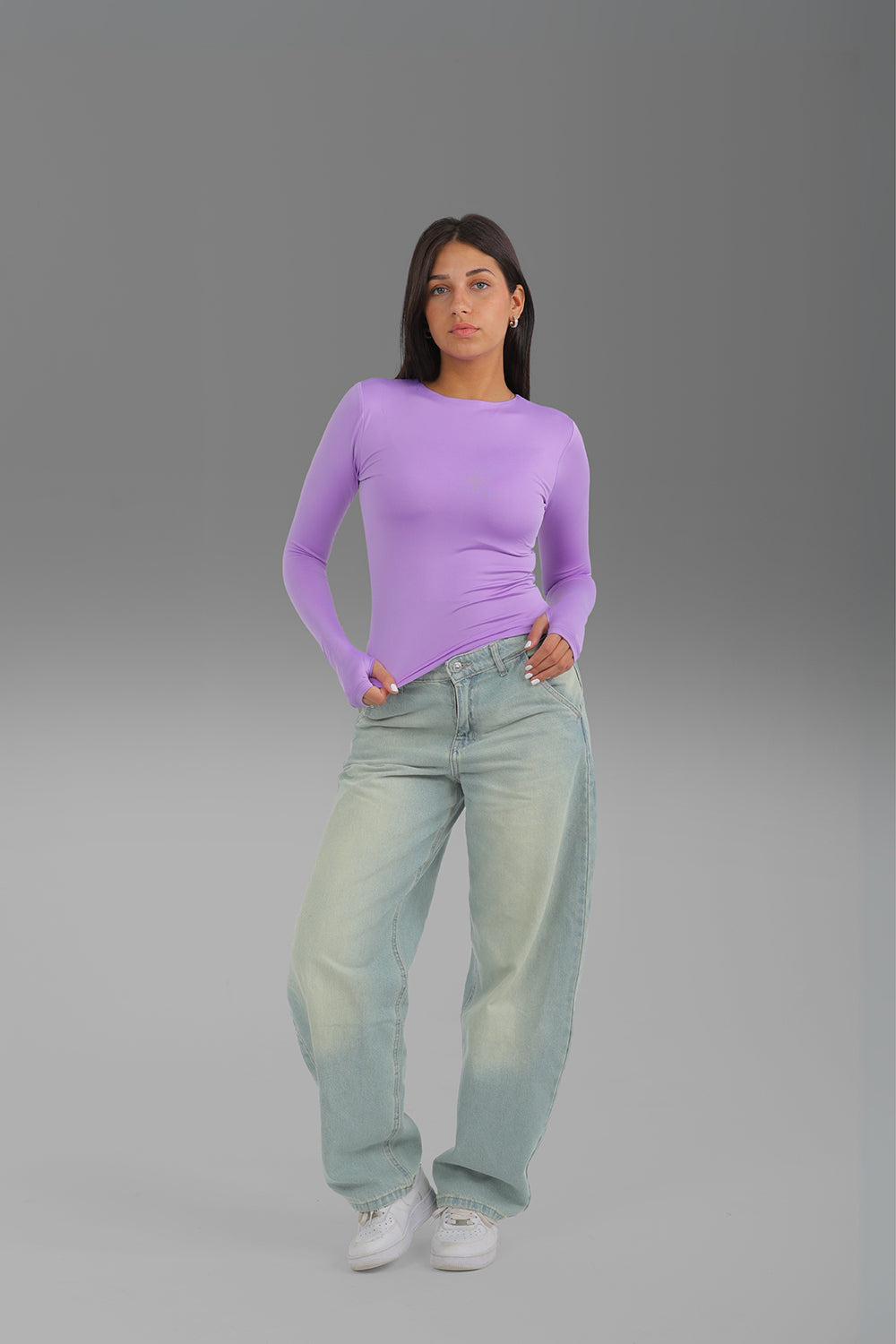 Women’s Lavender Crewneck Long Sleeve Top with Thumbhole – Lightweight Soft Stretch Basic, Made in Egypt