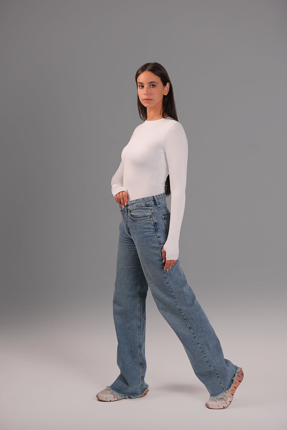 Women’s Off-White Crewneck Long Sleeve Top with Thumbhole – Lightweight Soft Stretch Basic, Made in Egypt