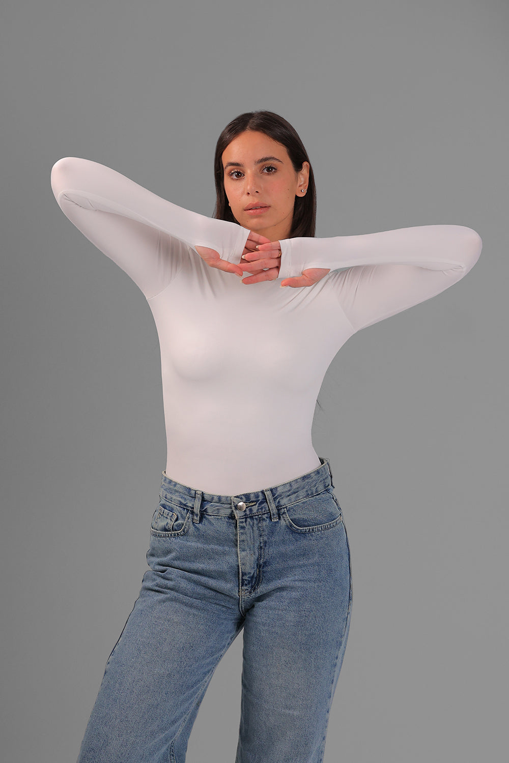 Women’s Off-White Crewneck Long Sleeve Top with Thumbhole – Lightweight Soft Stretch Basic, Made in Egypt