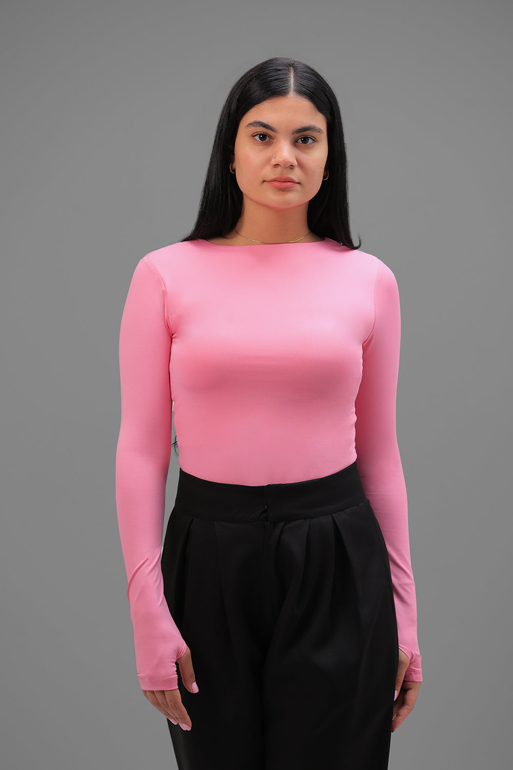 Women’s Pink Crewneck Long Sleeve Top with Thumbhole – Lightweight Soft Stretch Basic, Made in Egypt