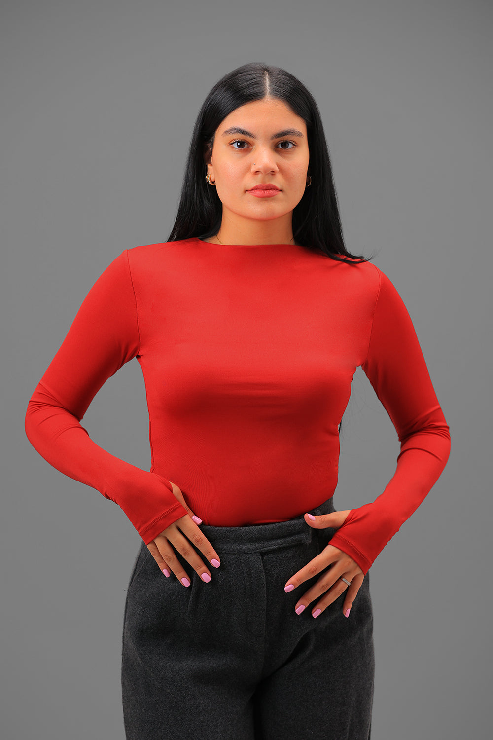 Women’s Red Crewneck Long Sleeve Top with Thumbhole – Lightweight Soft Stretch Basic, Made in Egypt