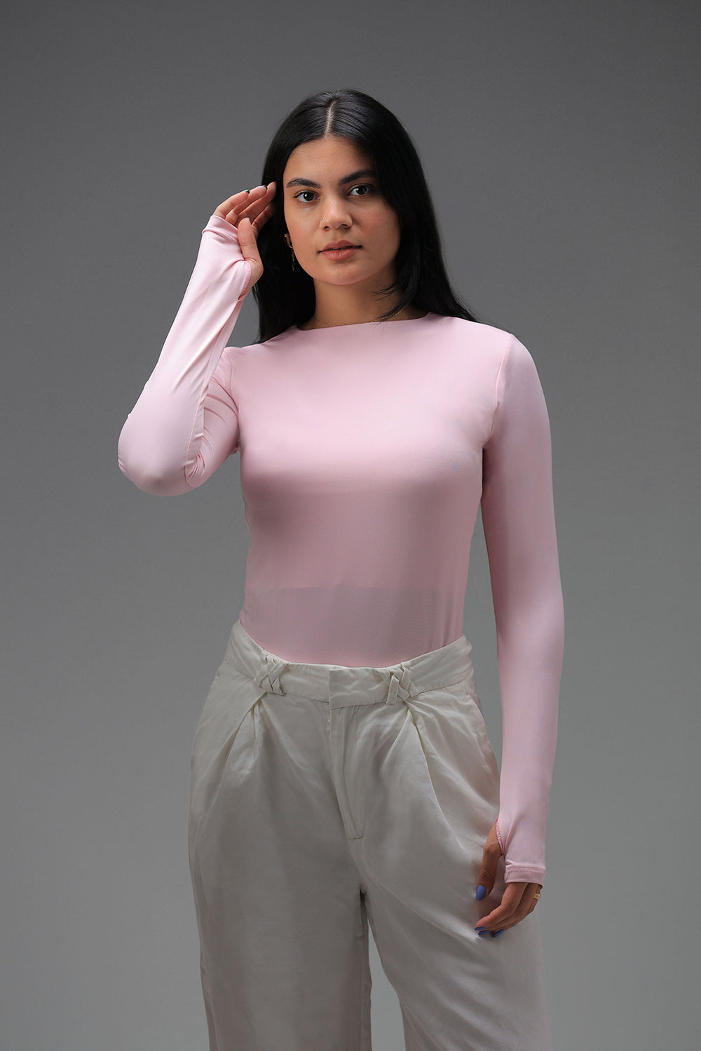 Women’s Rose Crewneck Long Sleeve Top with Thumbhole – Lightweight Soft Stretch Basic, Made in Egypt
