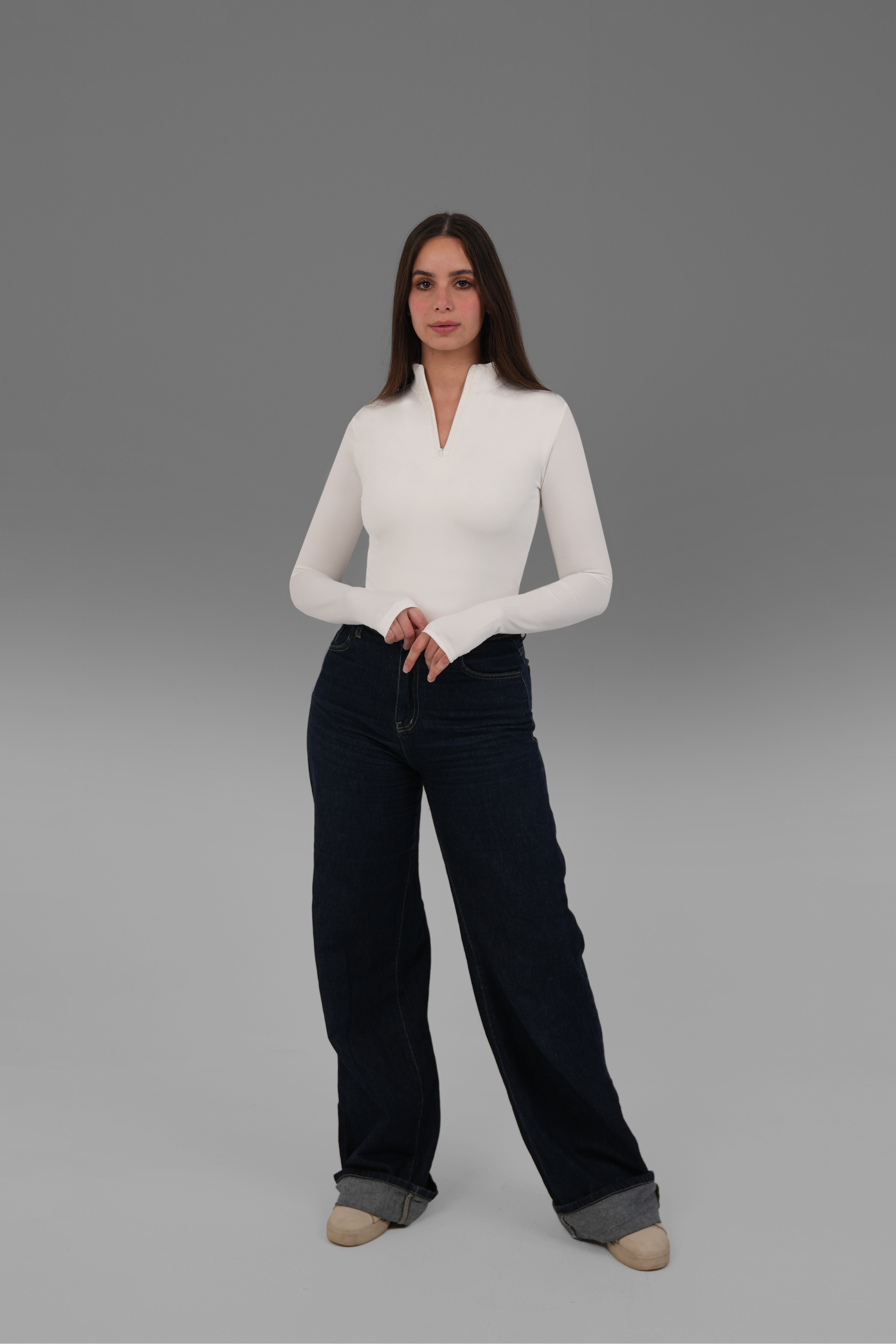 Women’s Half-Zip High-Neck Long Sleeve Top – Lightweight Soft Stretch Basic, Made in Egypt