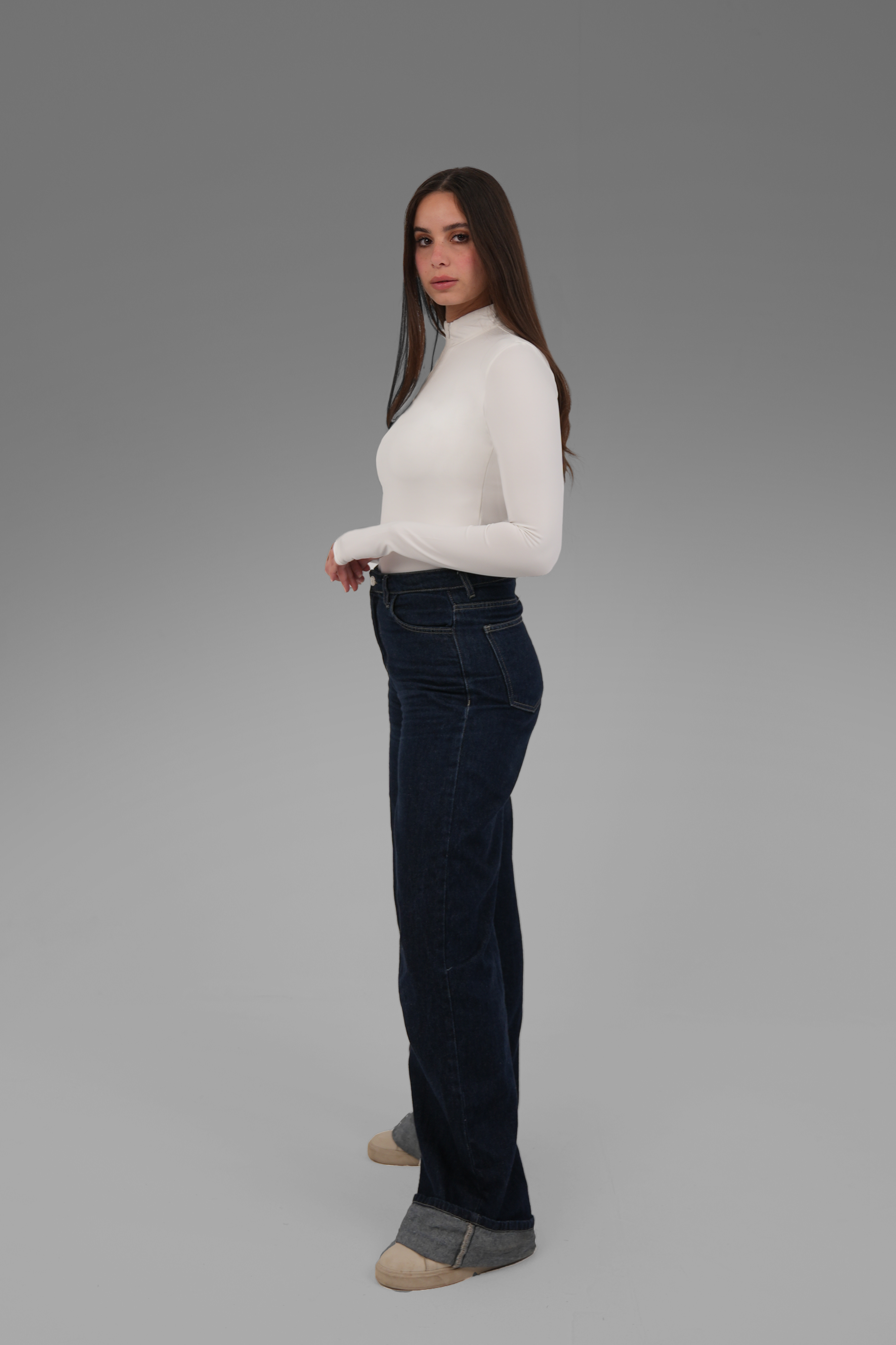 Women’s Half-Zip High-Neck Long Sleeve Top – Lightweight Soft Stretch Basic, Made in Egypt