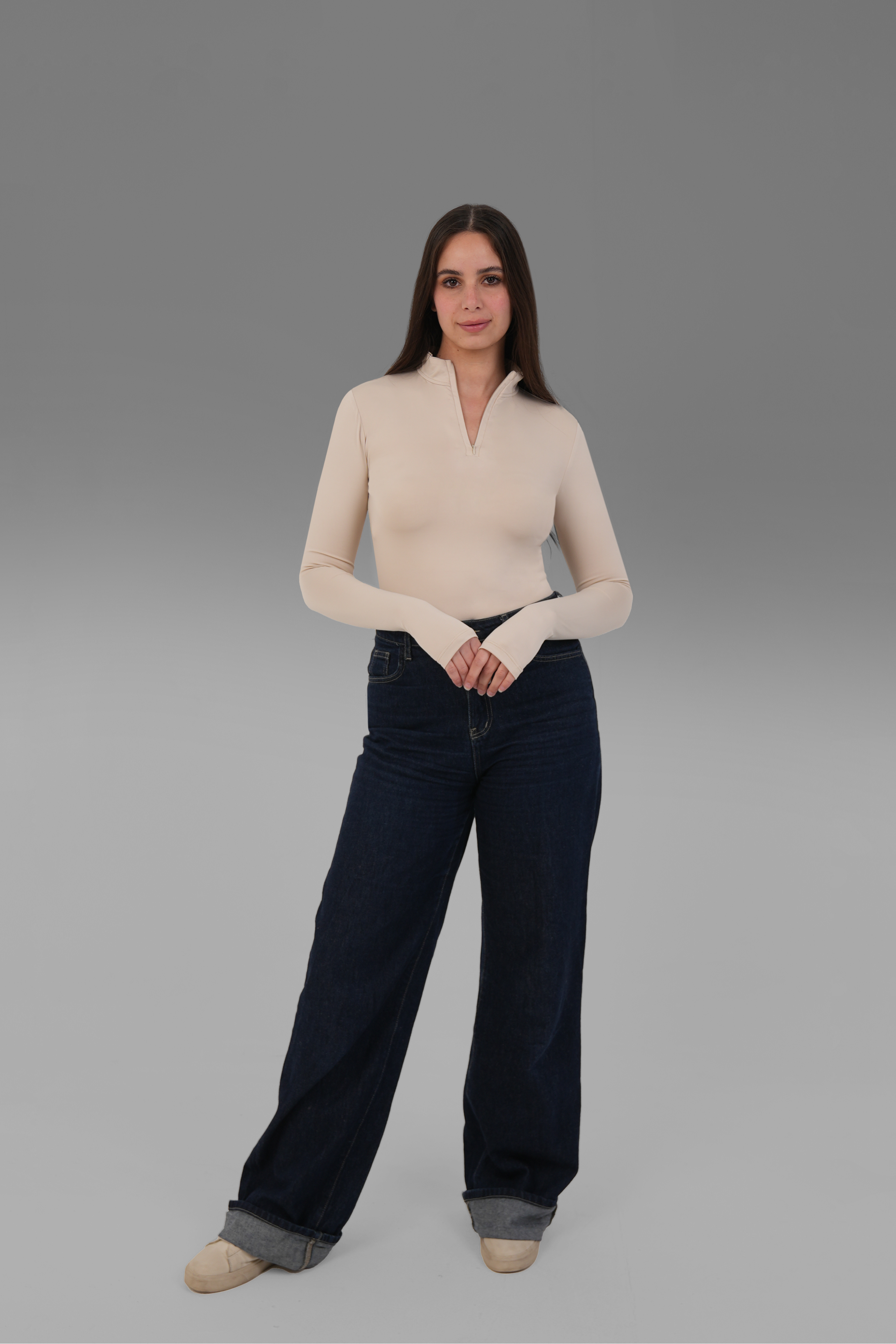 Women’s Half-Zip High-Neck Long Sleeve Top – Lightweight Soft Stretch Basic, Made in Egypt