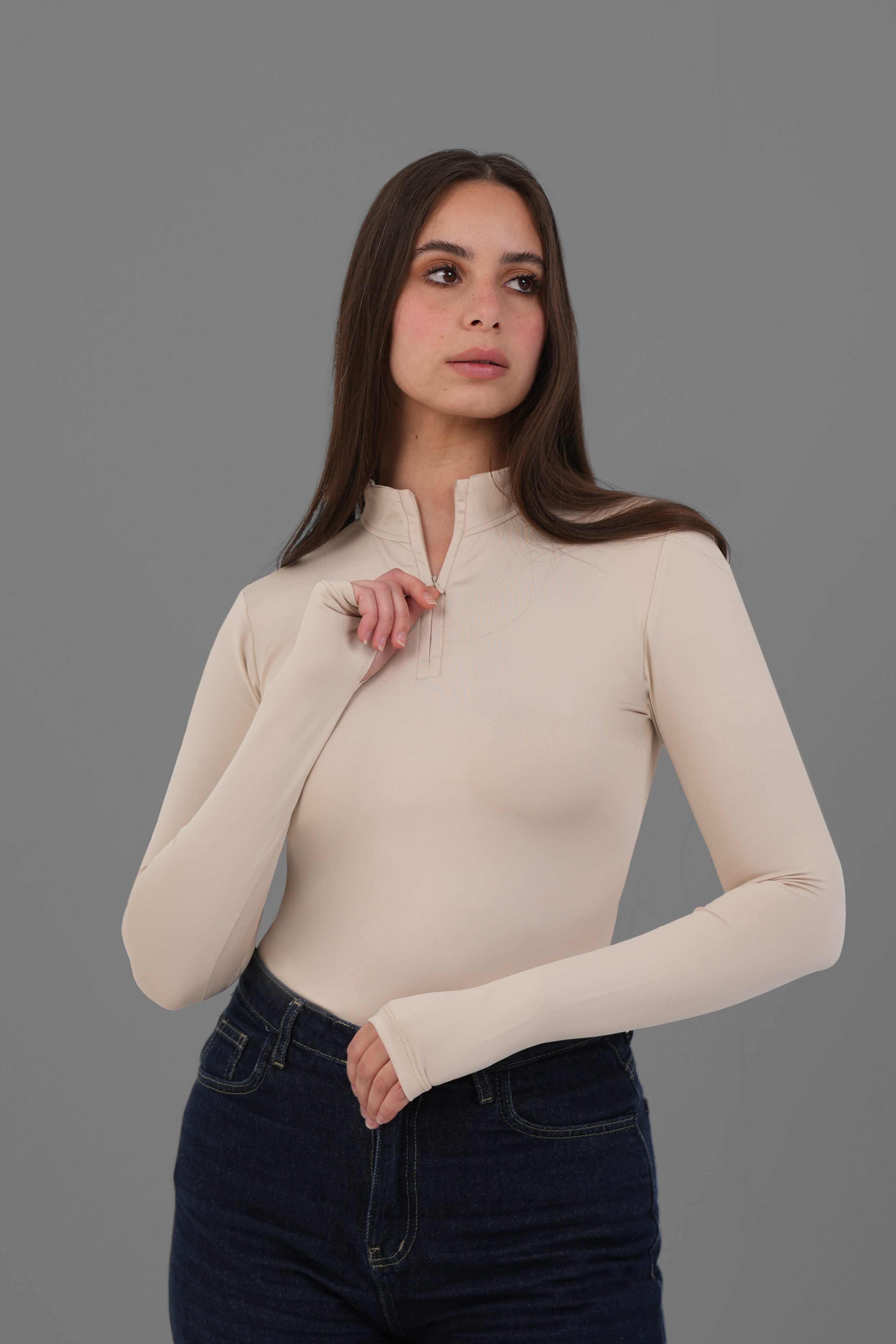 Women’s Half-Zip High-Neck Long Sleeve Top – Lightweight Soft Stretch Basic, Made in Egypt